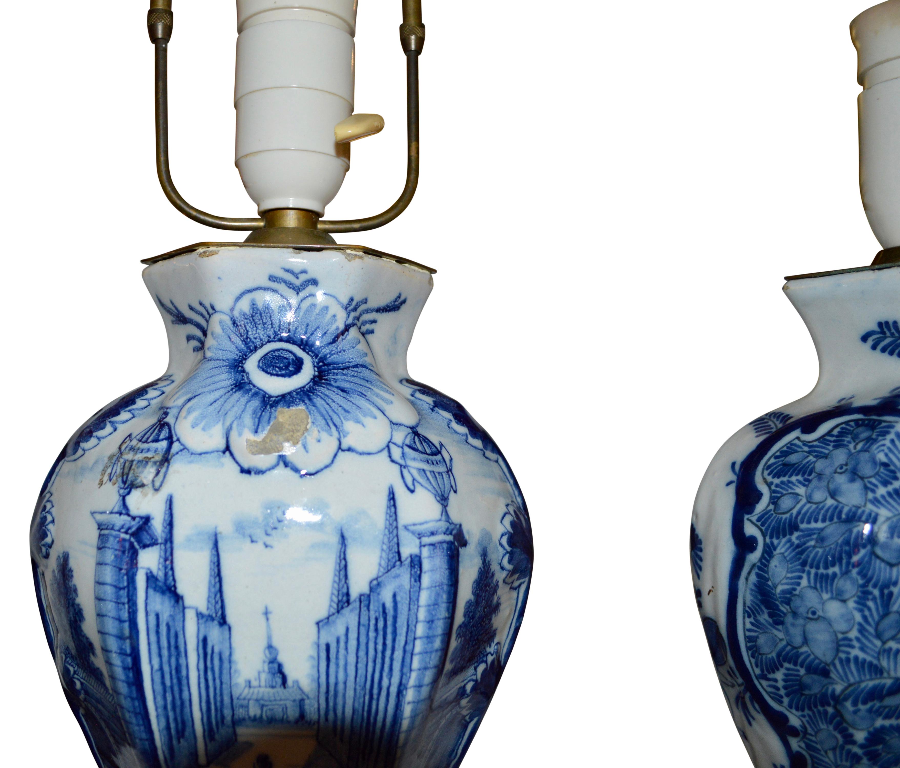 Rococo Pair Of 18th Century Blue And White Delft Table Lamps
