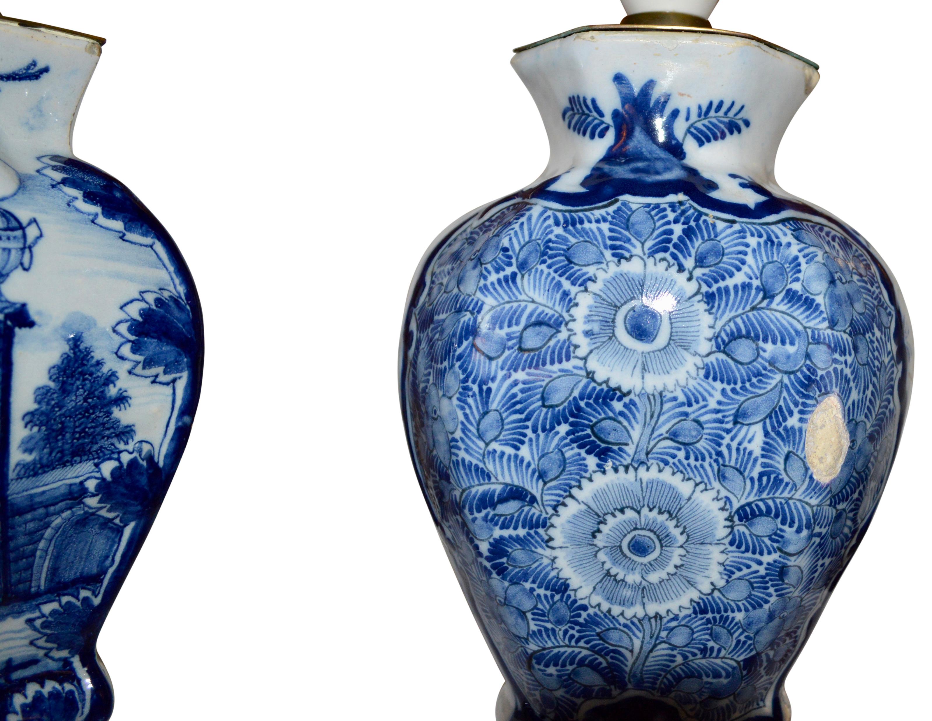 Dutch Pair Of 18th Century Blue And White Delft Table Lamps