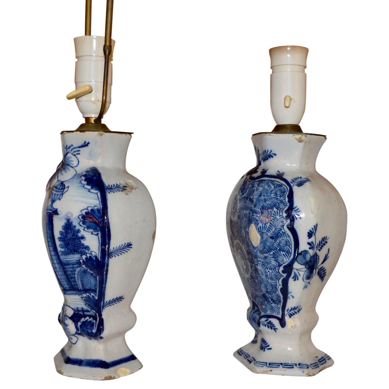 Pair Of 18th Century Blue And White Delft Table Lamps In Good Condition In Haddonfield, NJ