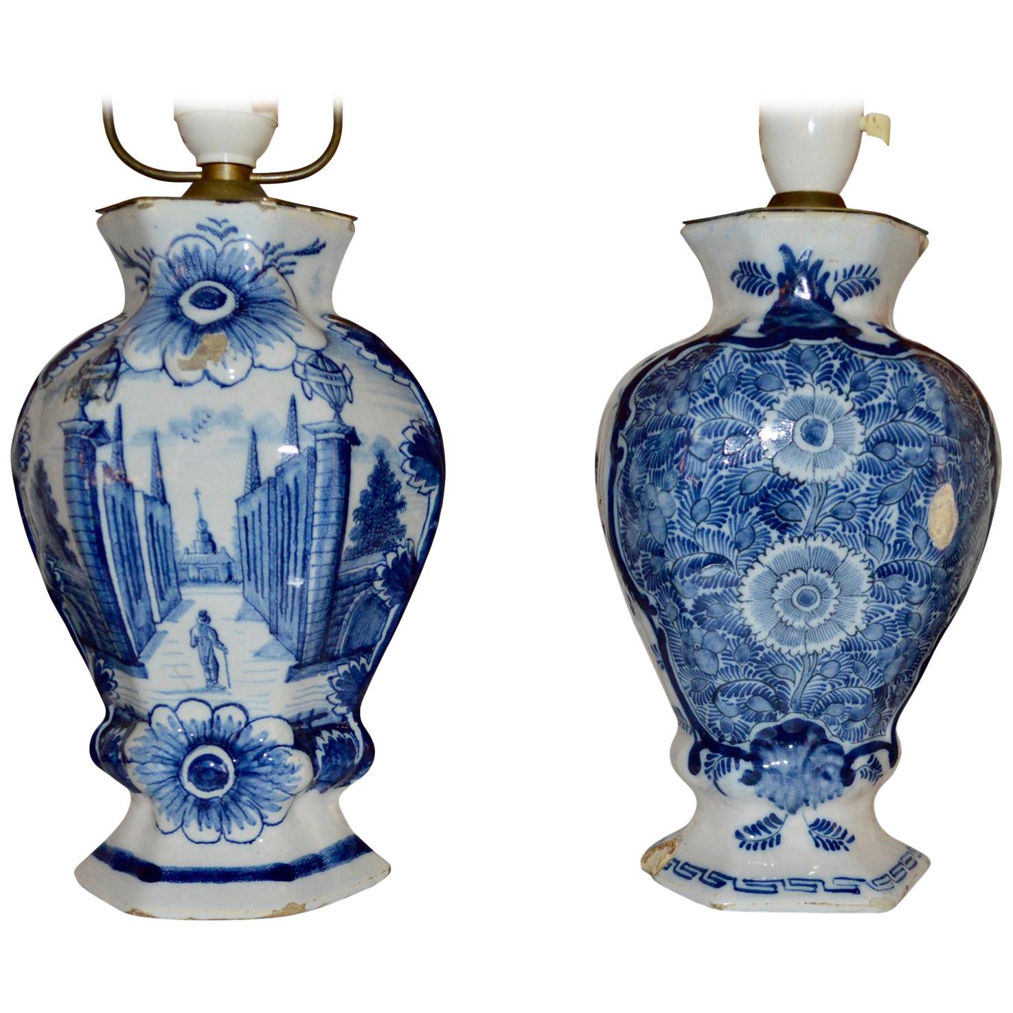 Pair Of 18th Century Blue And White Delft Table Lamps