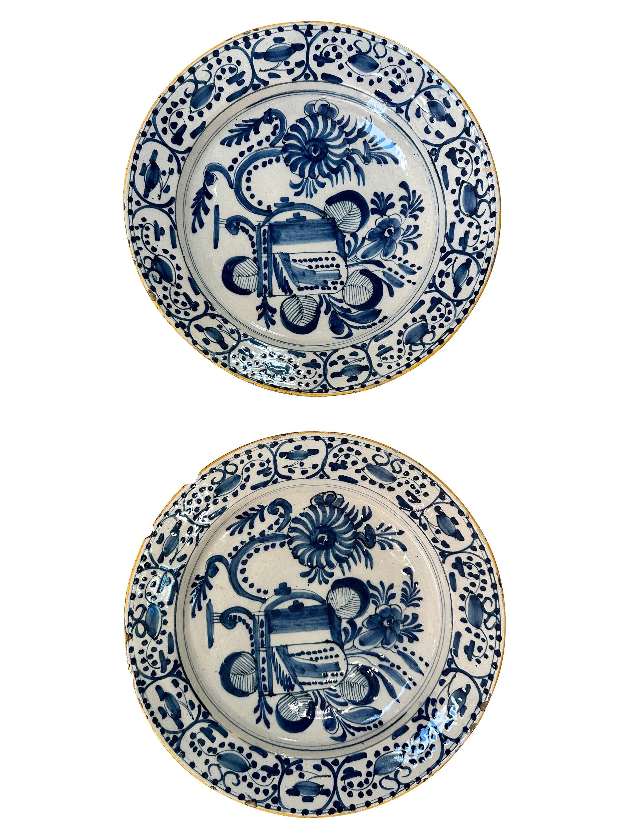 18th Century and Earlier Pair of 18th Century Blue and White Dutch Delft Chargers For Sale