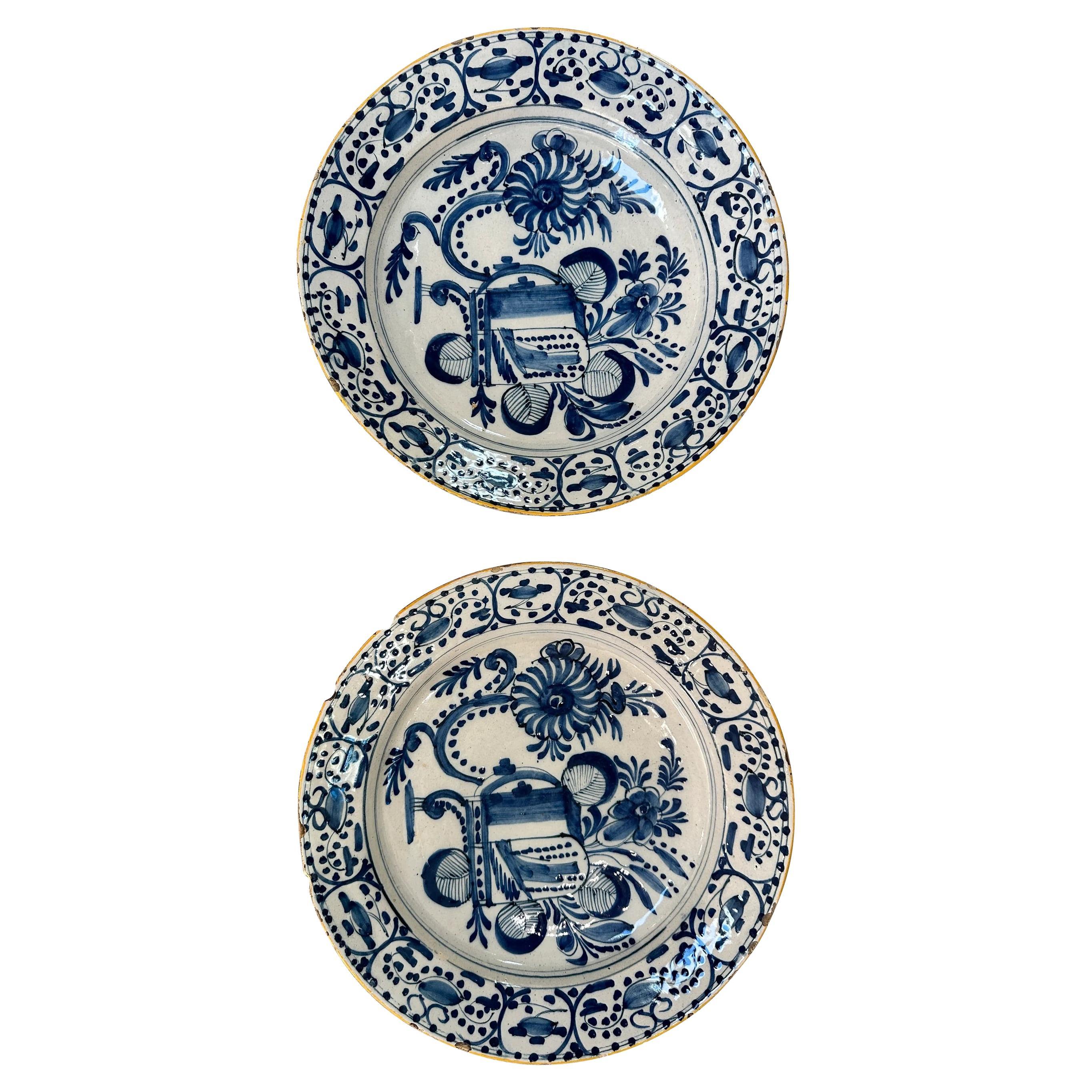 Pair of 18th Century Blue and White Dutch Delft Chargers For Sale