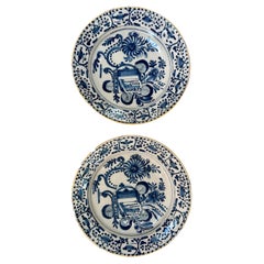 Antique Pair of 18th Century Blue and White Dutch Delft Chargers