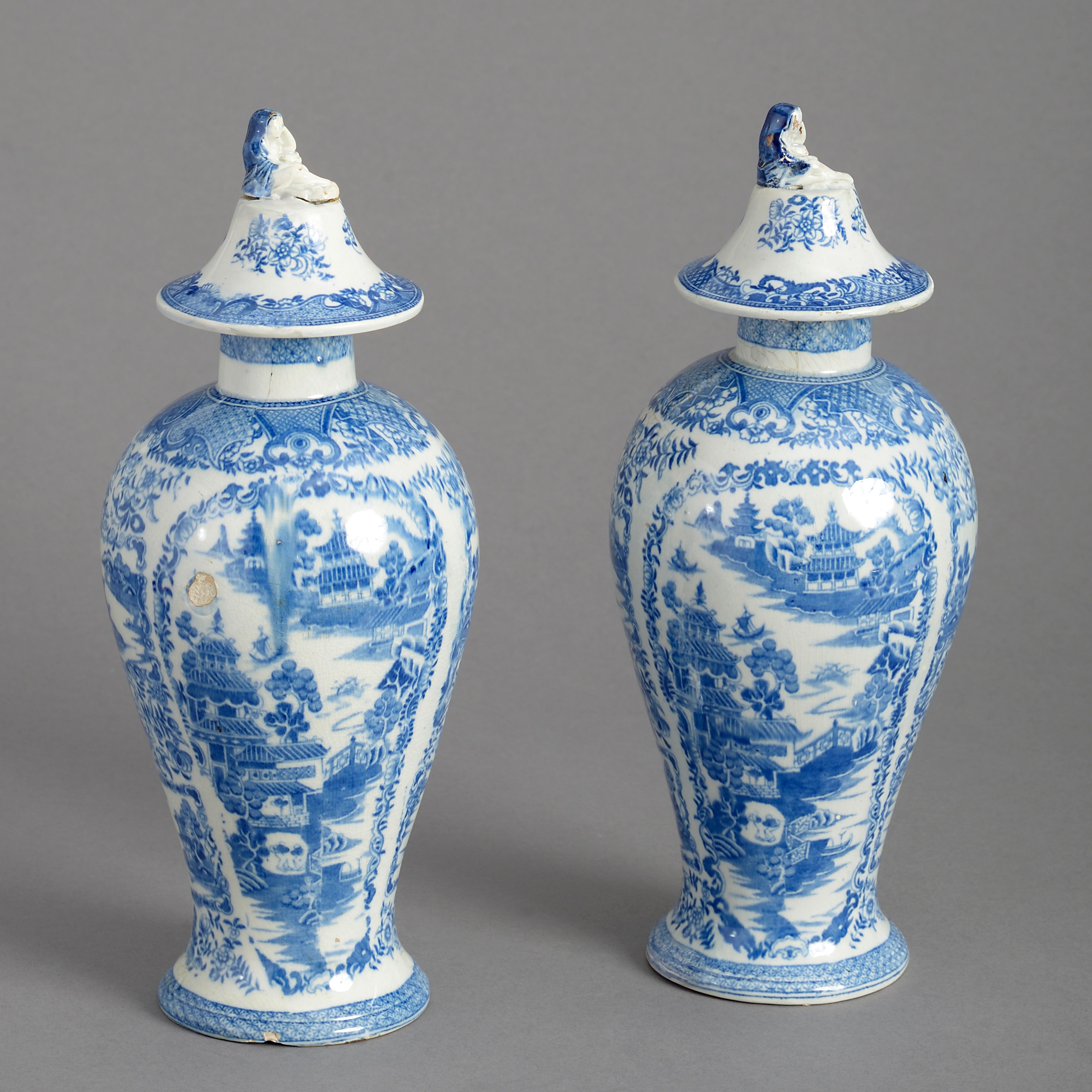 Chinoiserie Pair of 18th Century Blue and White Staffordshire Pottery Vases and Covers