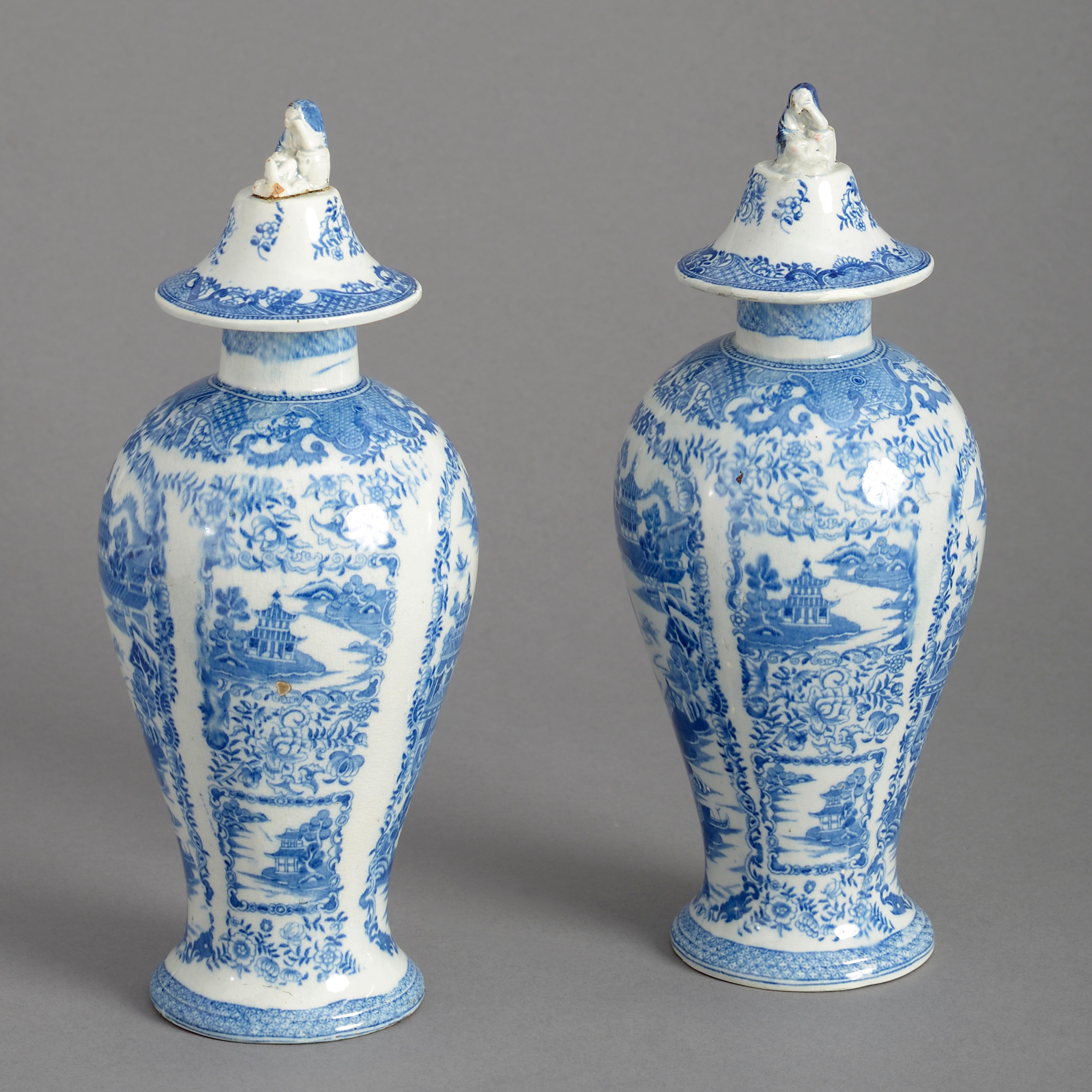 English Pair of 18th Century Blue and White Staffordshire Pottery Vases and Covers