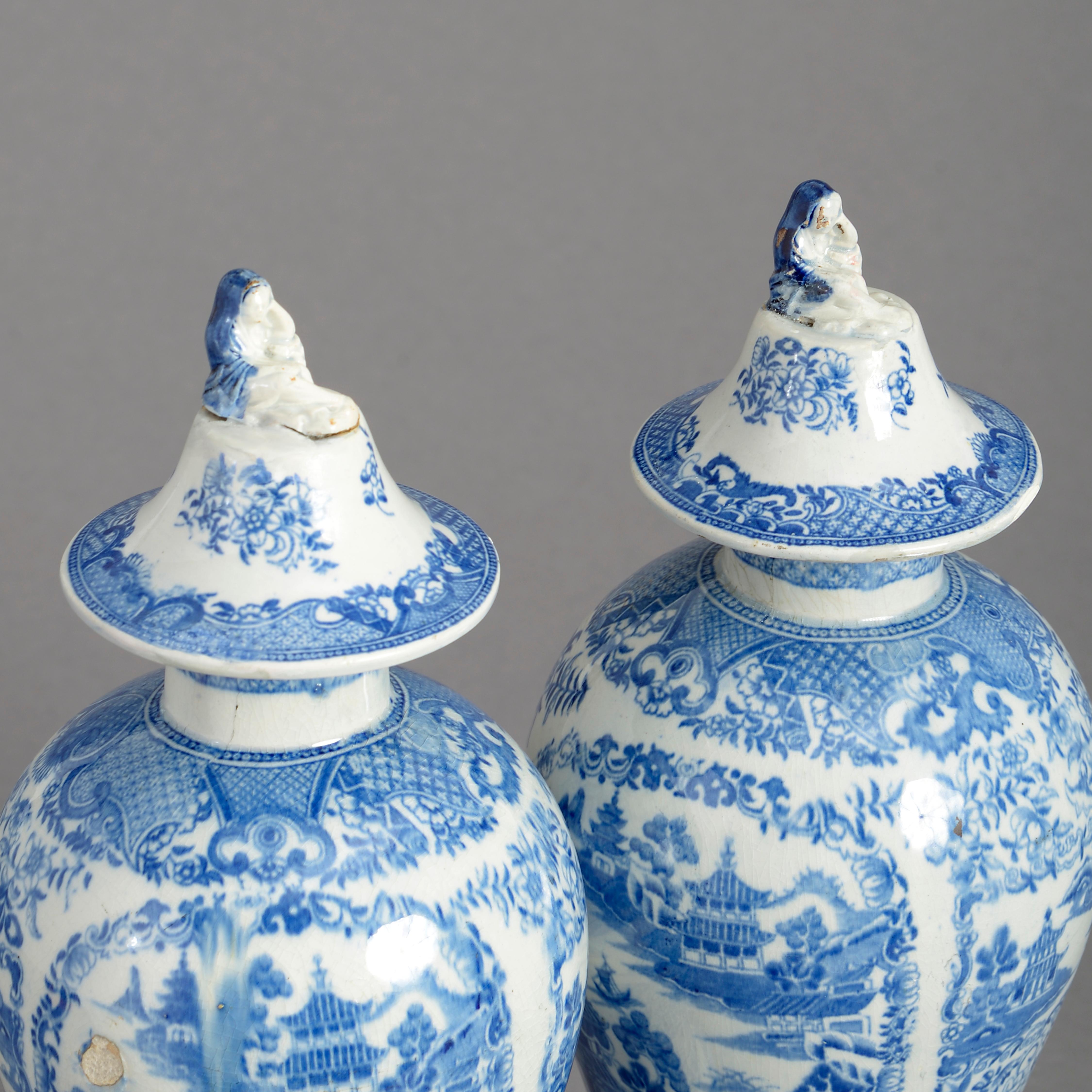 Fired Pair of 18th Century Blue and White Staffordshire Pottery Vases and Covers