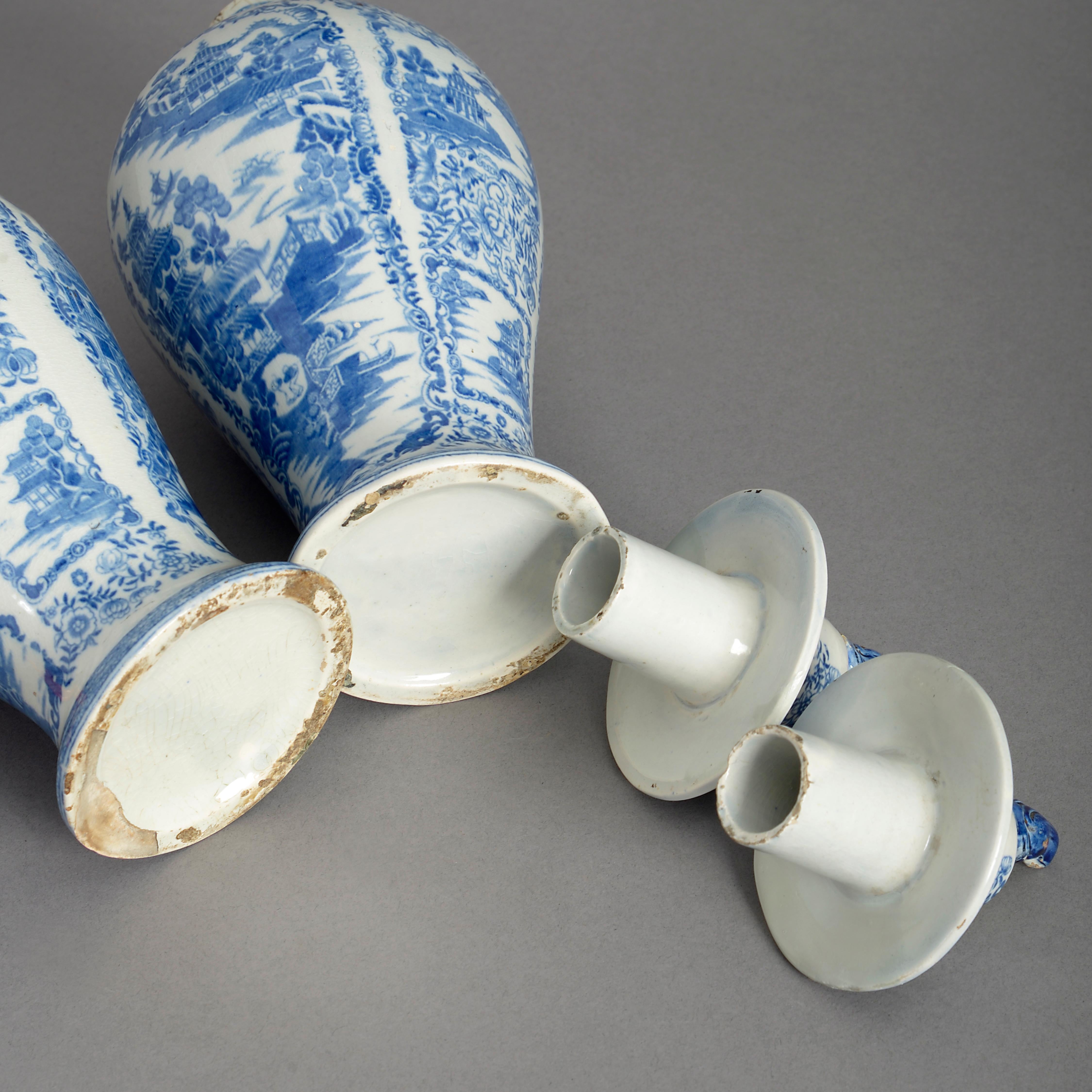 Ceramic Pair of 18th Century Blue and White Staffordshire Pottery Vases and Covers