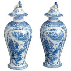 Pair of 18th Century Blue and White Staffordshire Pottery Vases and Covers