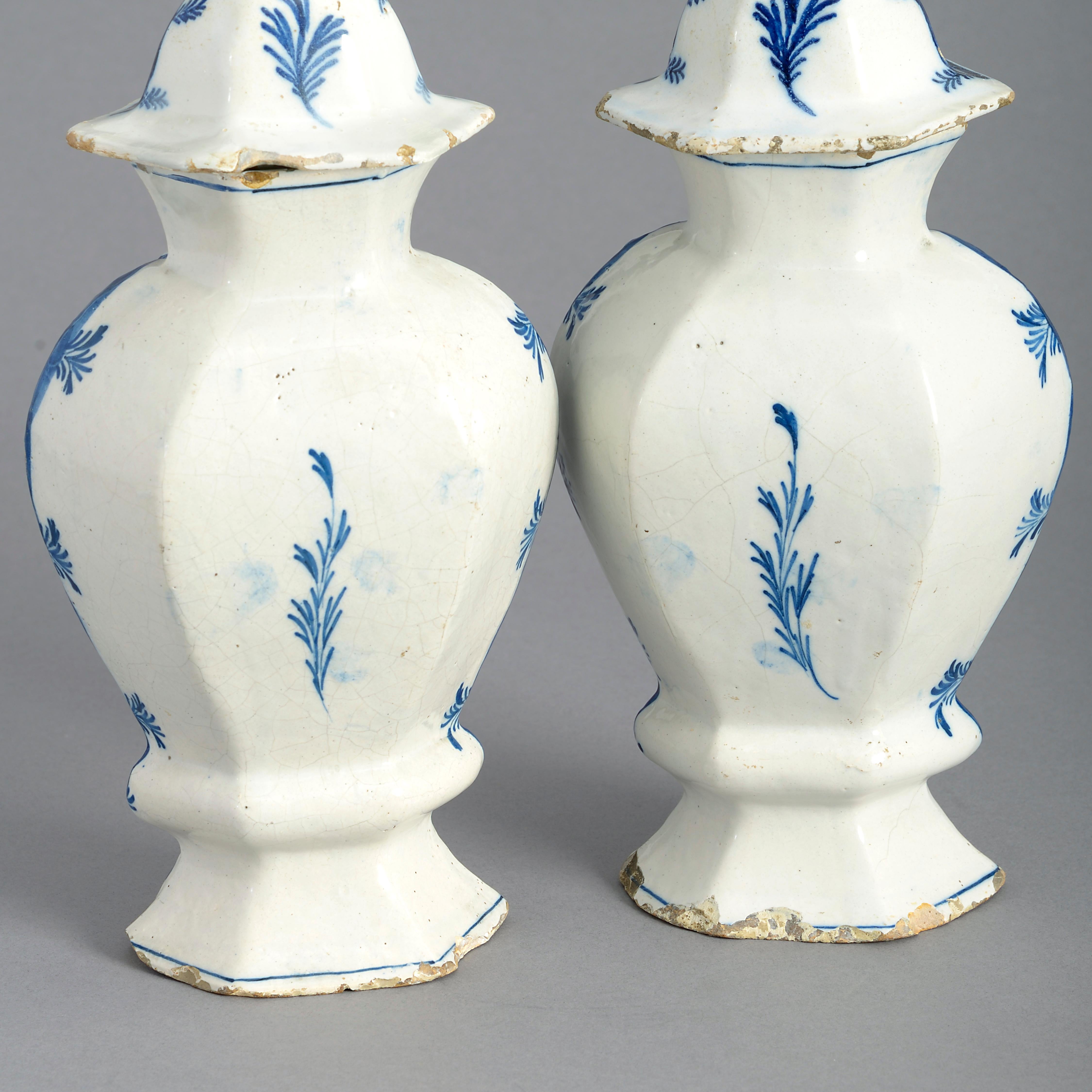 Fired Pair of 18th Century Blue and White Delft Vases