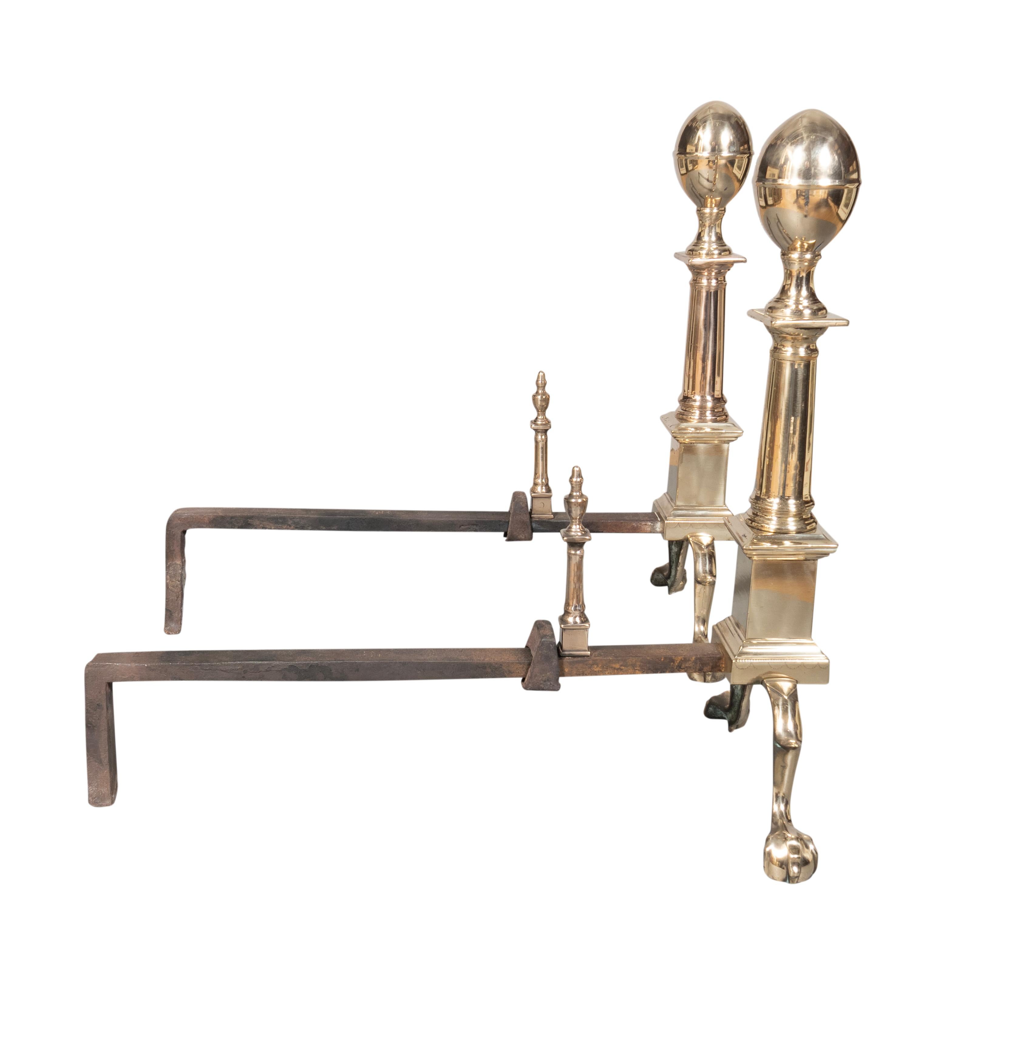 Pair Of 18th Century Boston Federal Bell Metal Andirons In Good Condition For Sale In Essex, MA