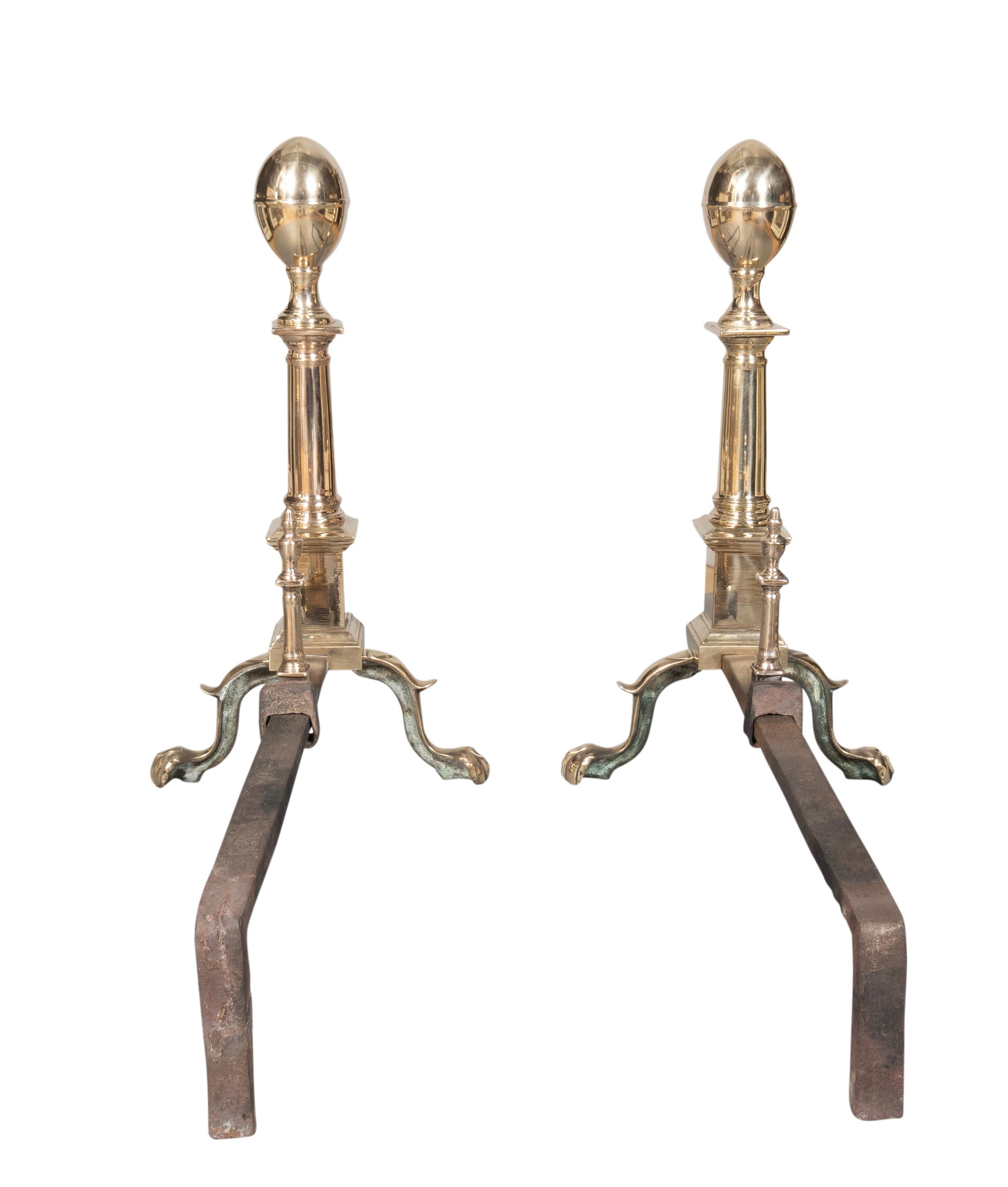 Late 18th Century Pair Of 18th Century Boston Federal Bell Metal Andirons For Sale
