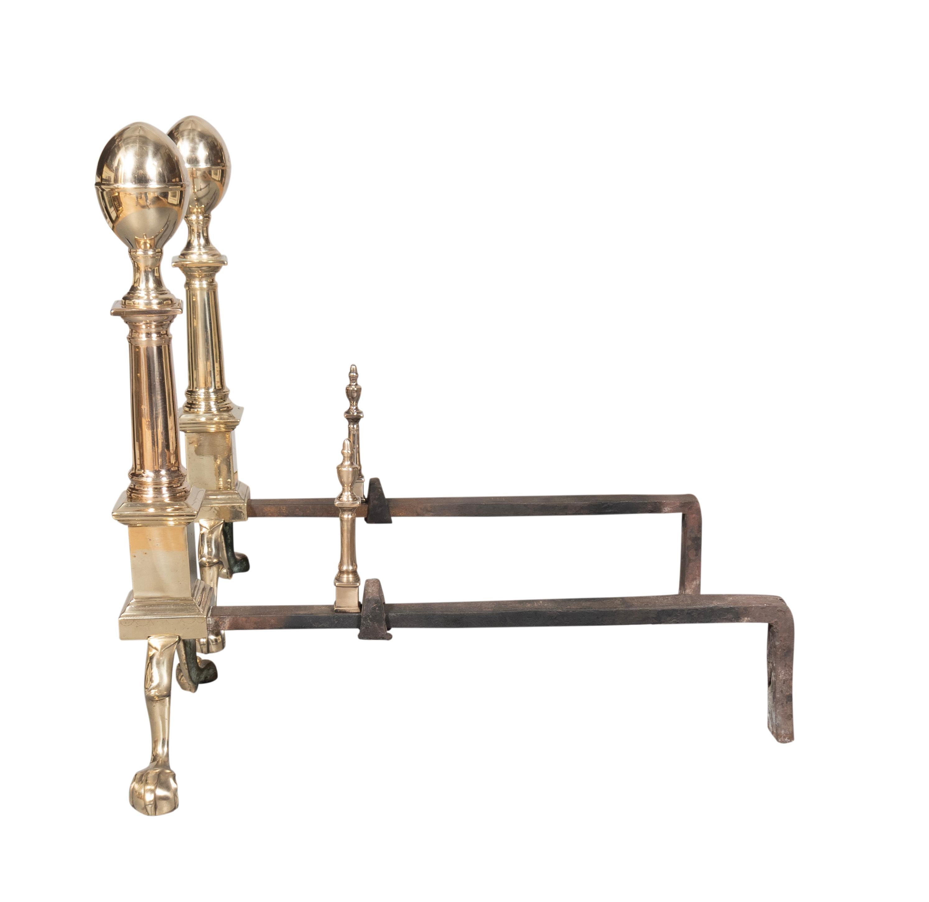 Brass Pair Of 18th Century Boston Federal Bell Metal Andirons For Sale