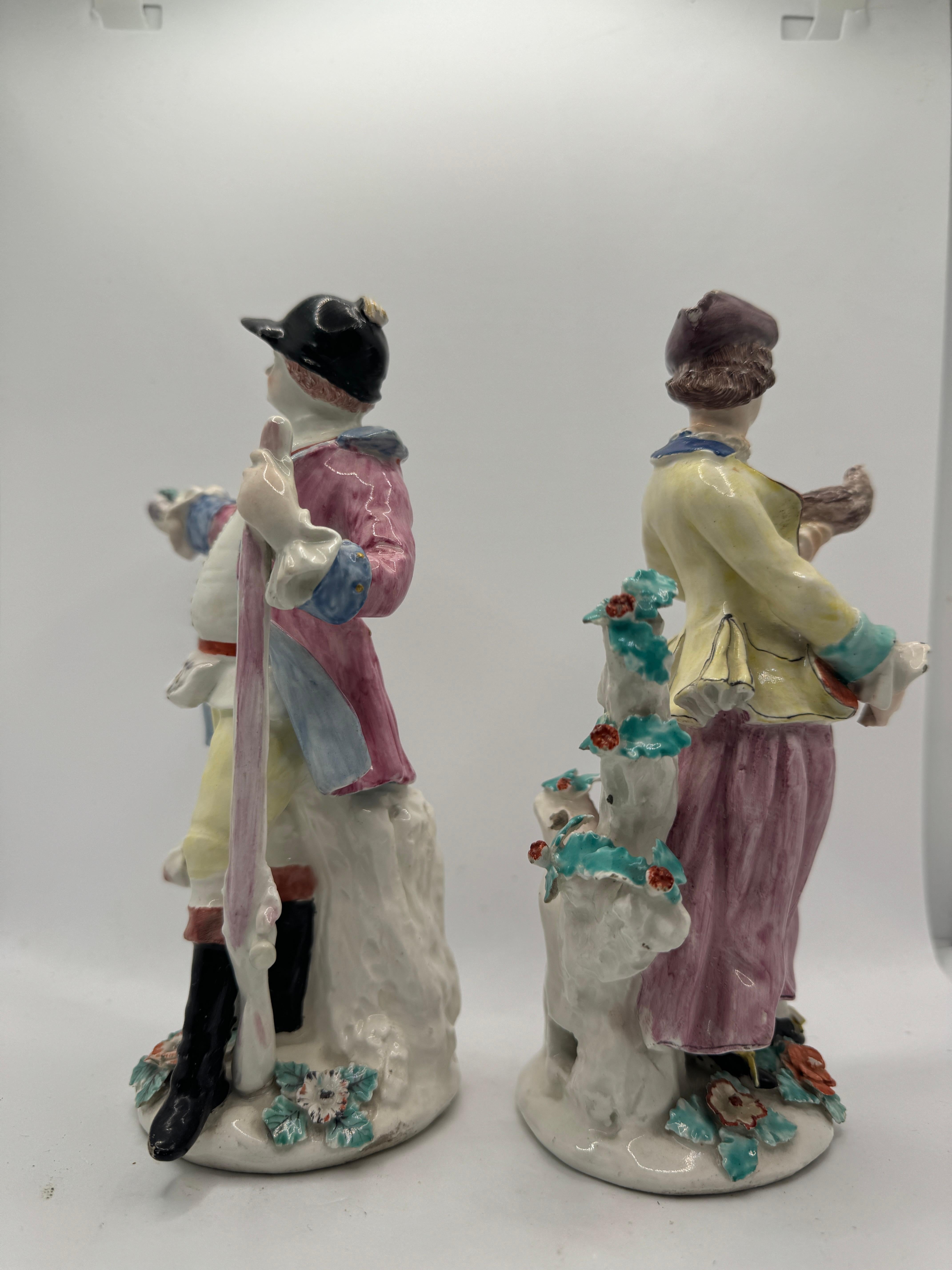 Rococo Pair of 18th Century Bow Figures of Hunter and Companion