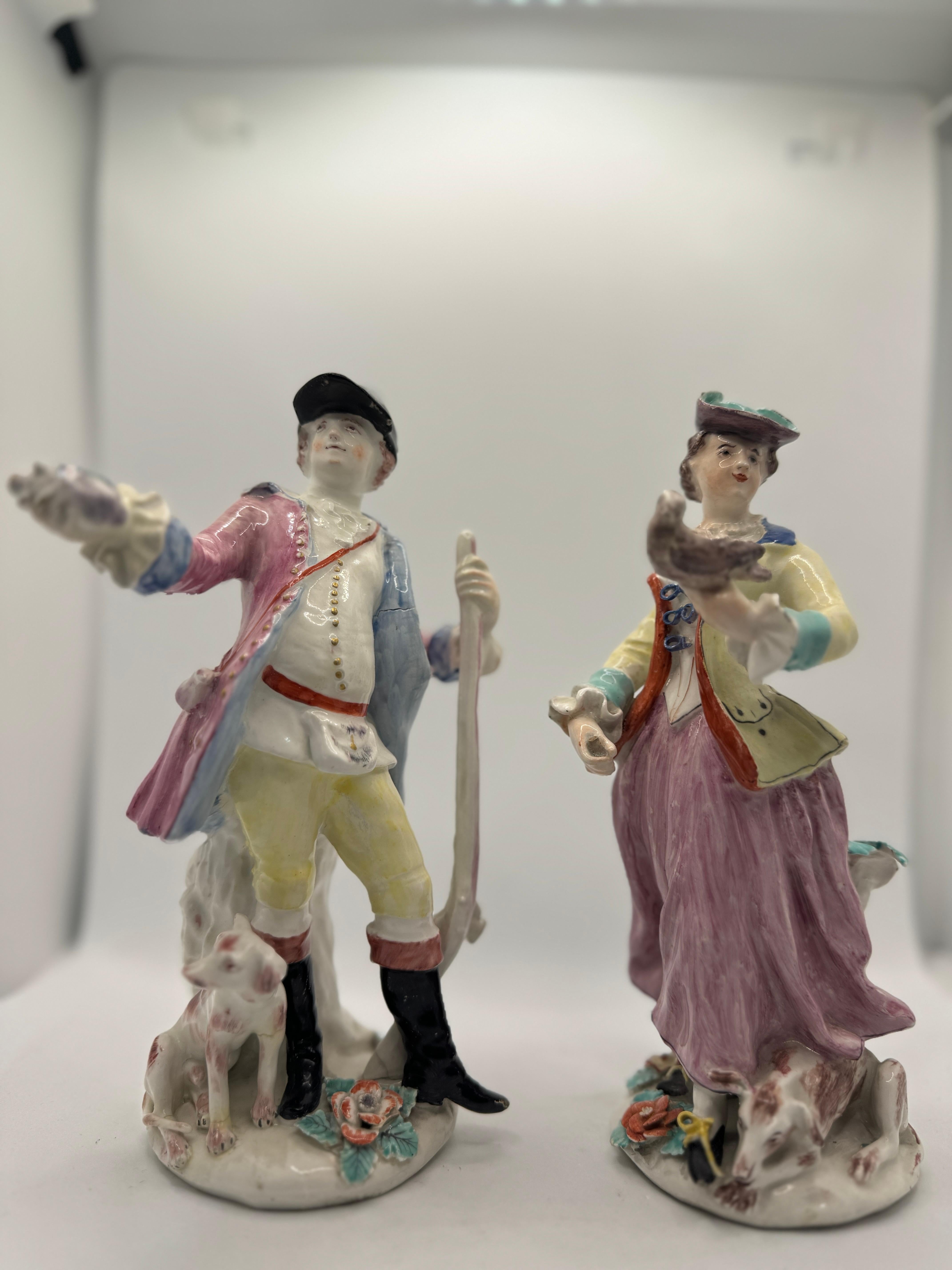 Porcelain Pair of 18th Century Bow Figures of Hunter and Companion