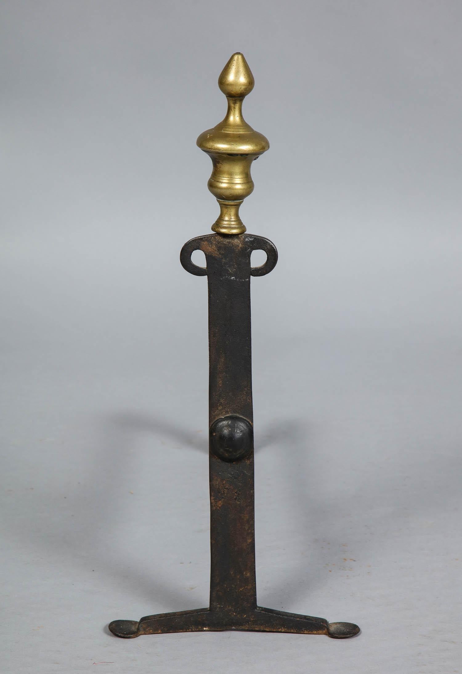 North American Pair of 18th Century Brass and Iron Andirons