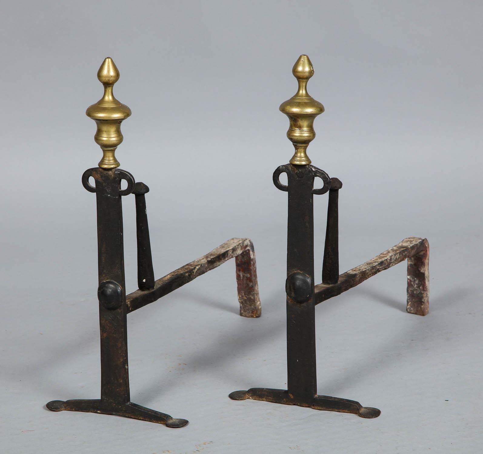 Pair of 18th Century Brass and Iron Andirons In Good Condition In Greenwich, CT