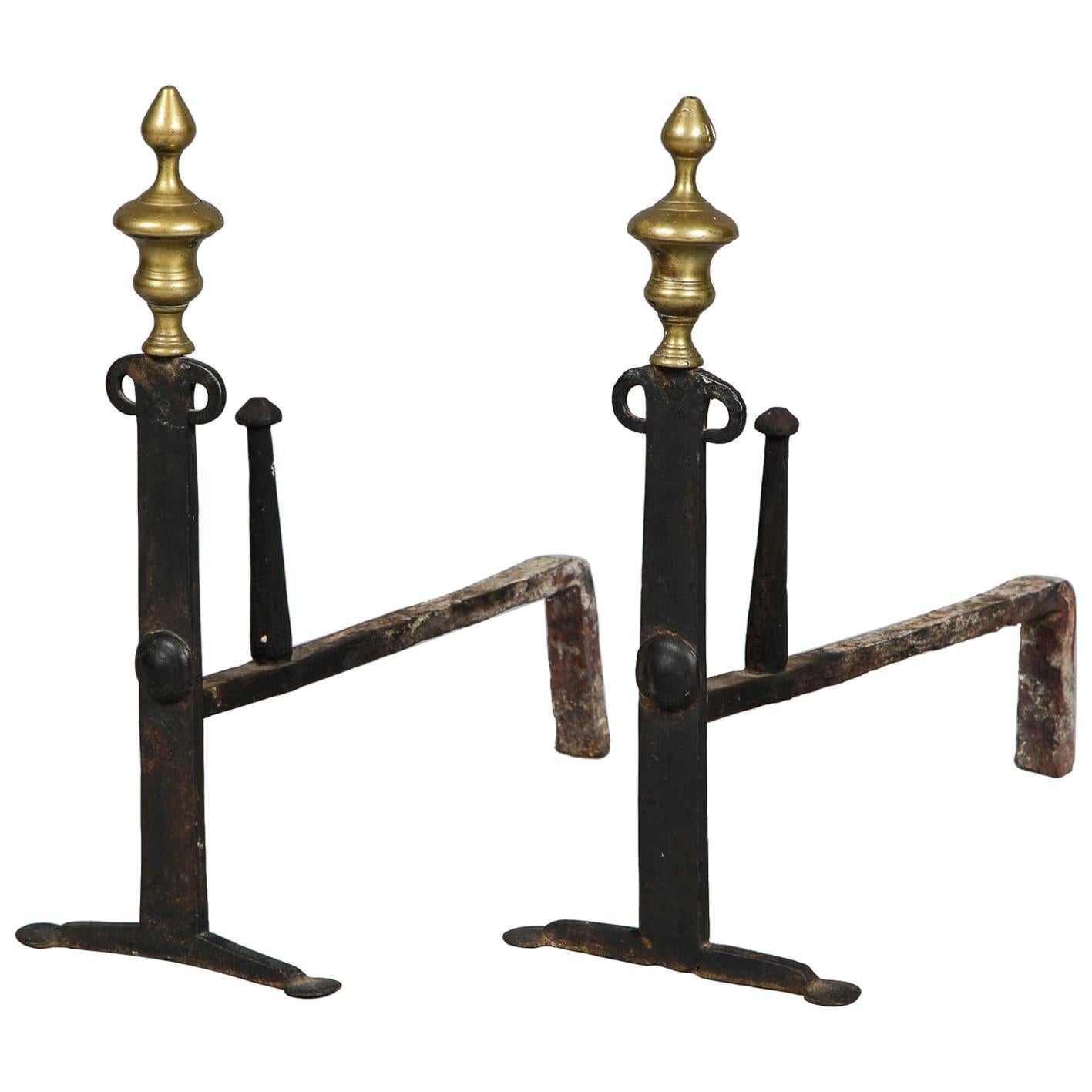 Pair of 18th Century Brass and Iron Andirons