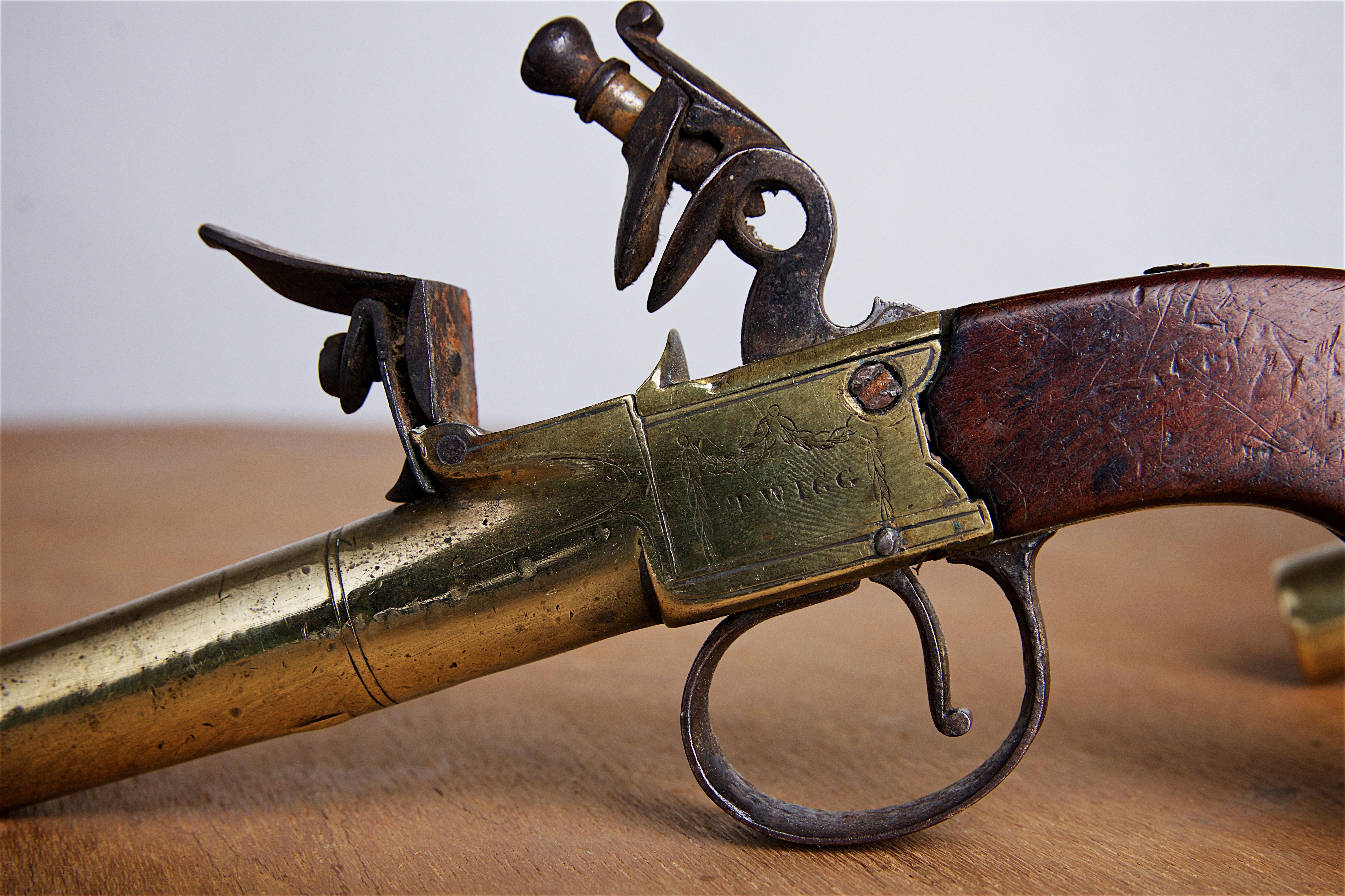 English Pair of 18th Century Brass Pistols by John Twigg