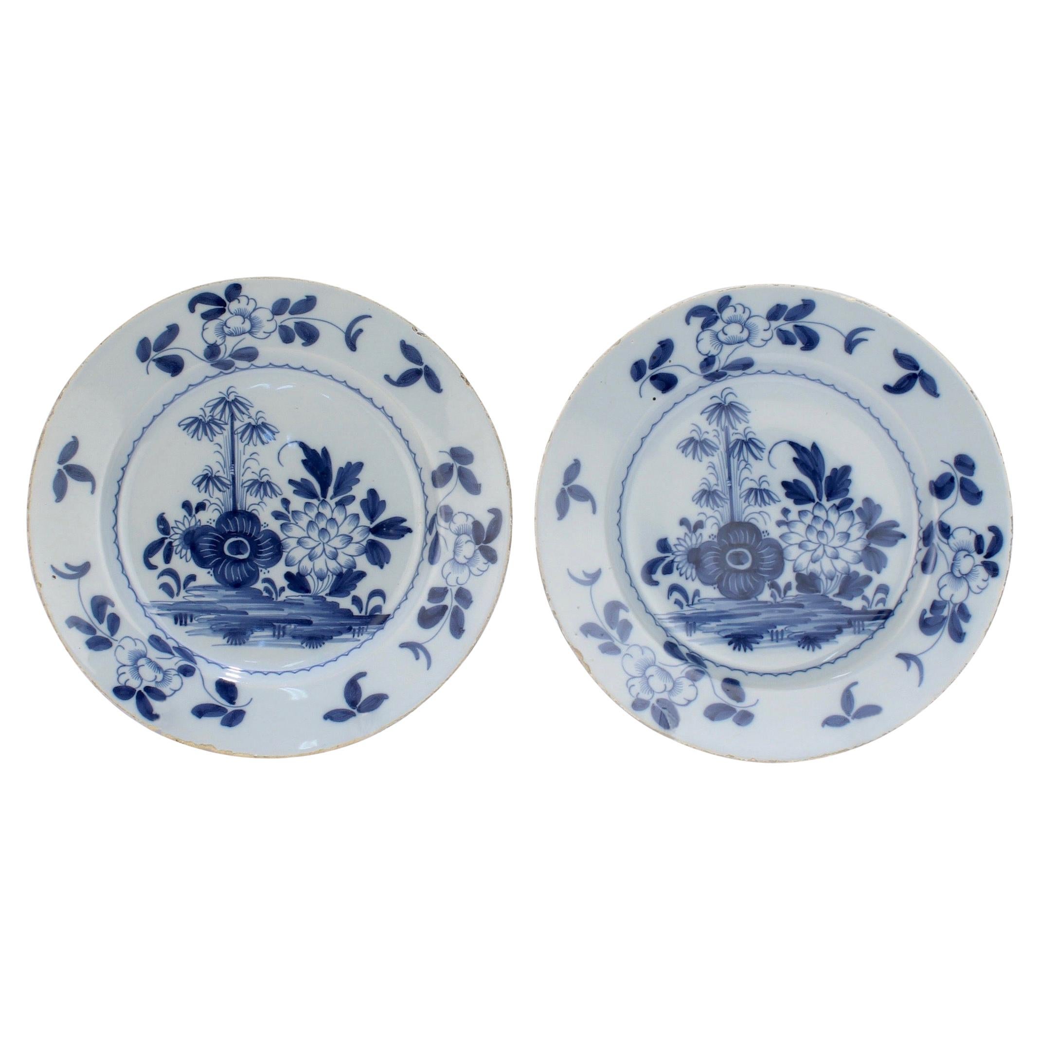 Pair of 18th Century Bristol English Delft Pottery Plates with Peony Decoration