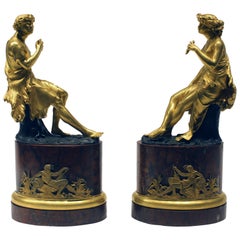 Pair of 18th Century Bronze Figures on Rouge Marble Bases
