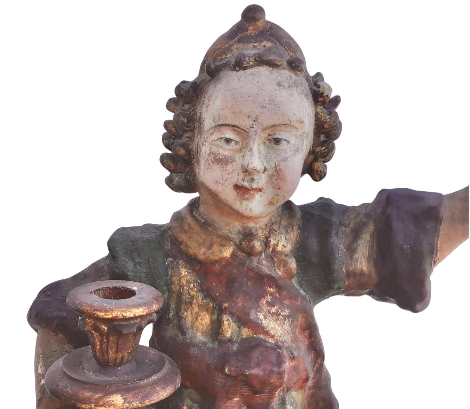 Hand-Carved Pair of 18th Century Candle Bearing Angels For Sale
