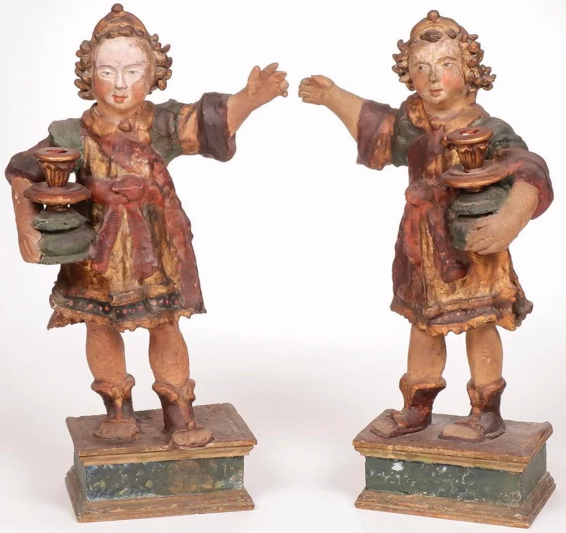 Wood Pair of 18th Century Candle Bearing Angels For Sale