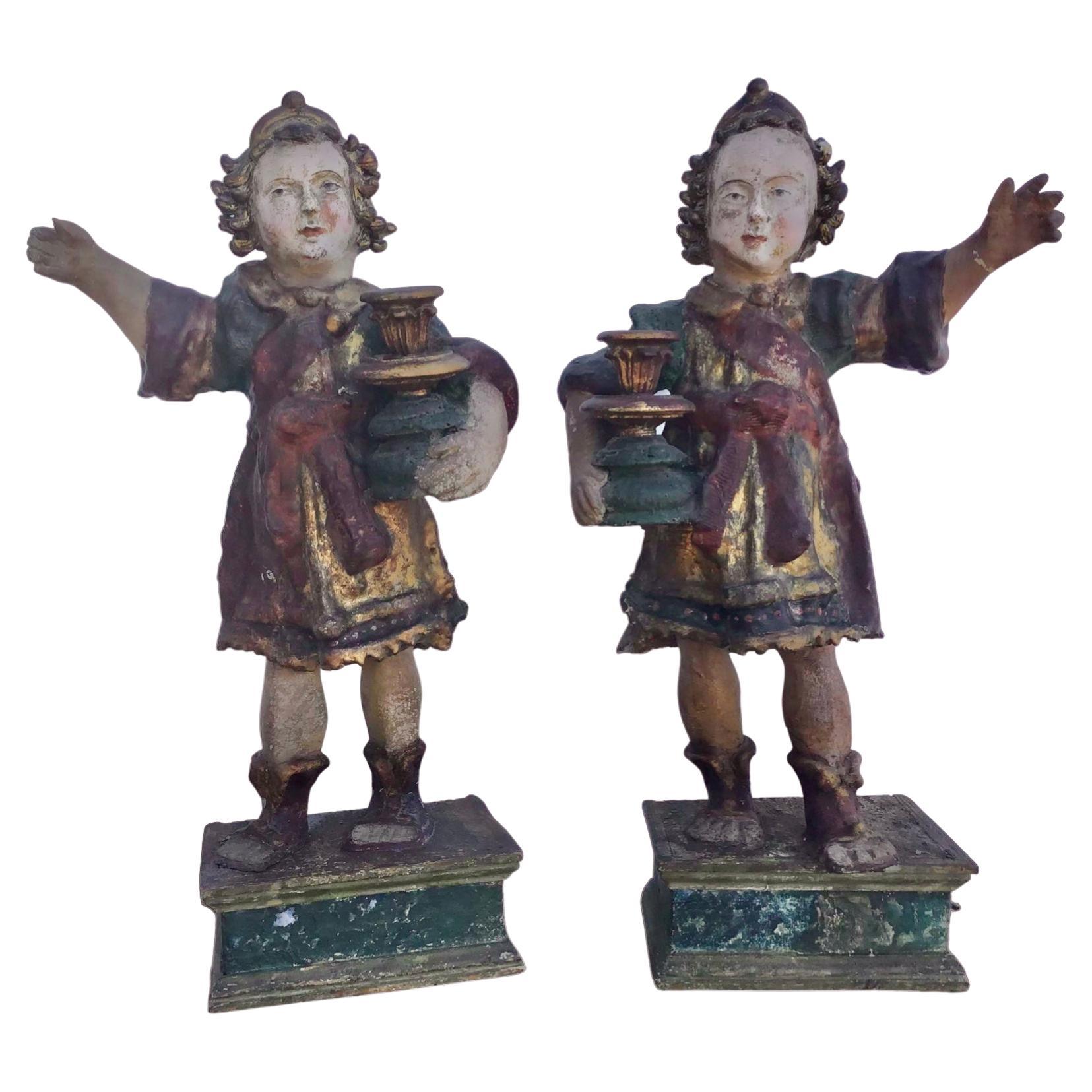 Pair of 18th Century Candle Bearing Angels For Sale