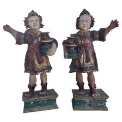 Antique Pair of 18th Century Candle Bearing Angels