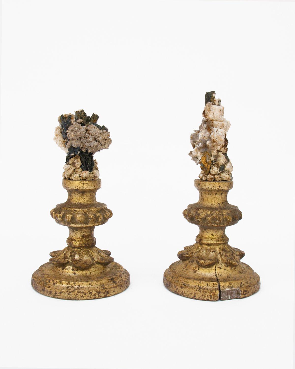 Italian Pair of 18th Century Candlestick Fragments with Tourmaline in Matrix For Sale