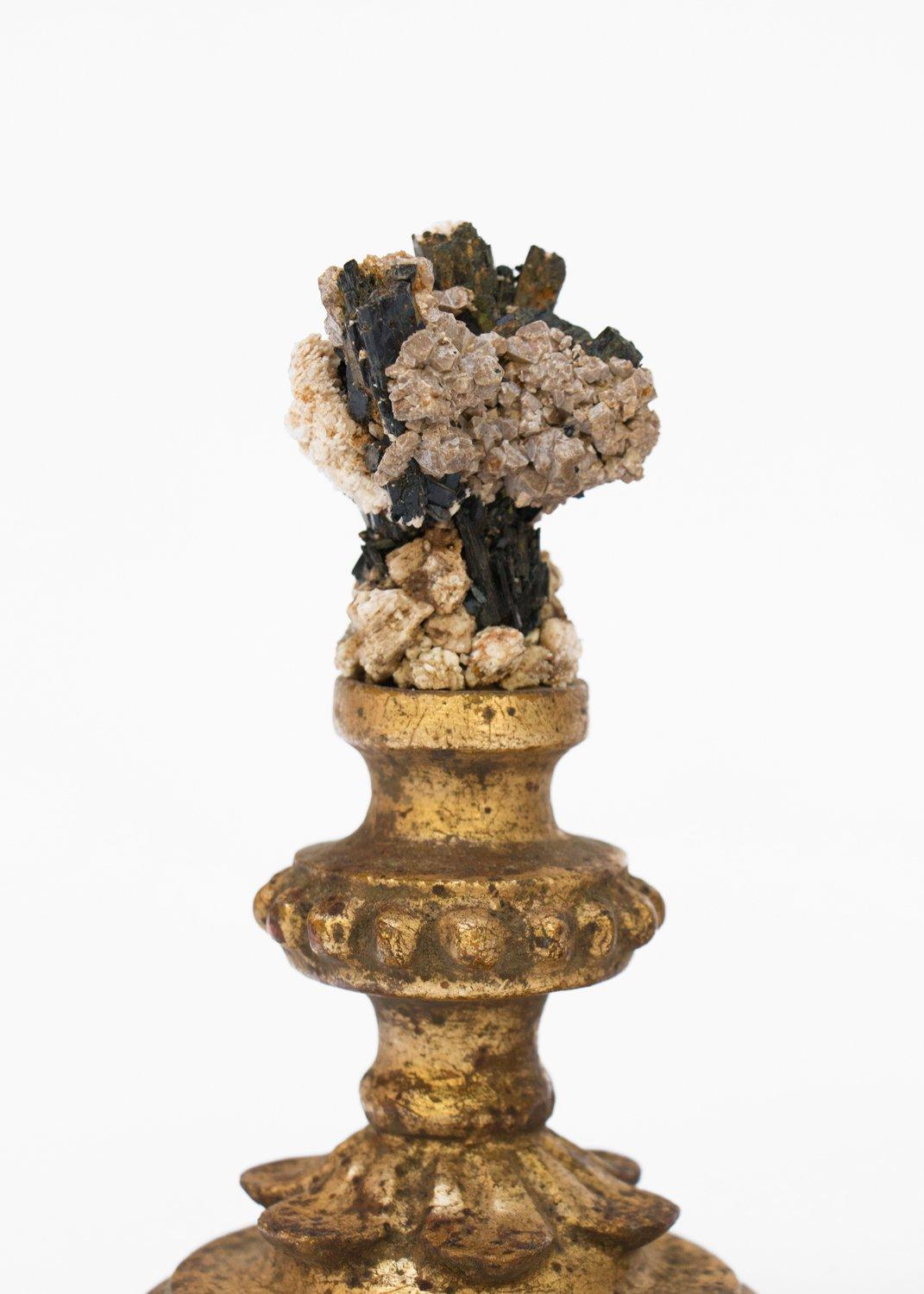 Hand-Carved Pair of 18th Century Candlestick Fragments with Tourmaline in Matrix For Sale