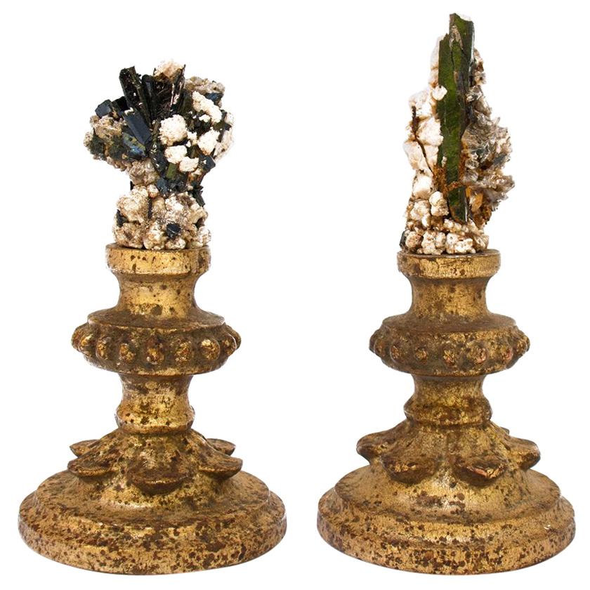 Pair of 18th Century Candlestick Fragments with Tourmaline in Matrix