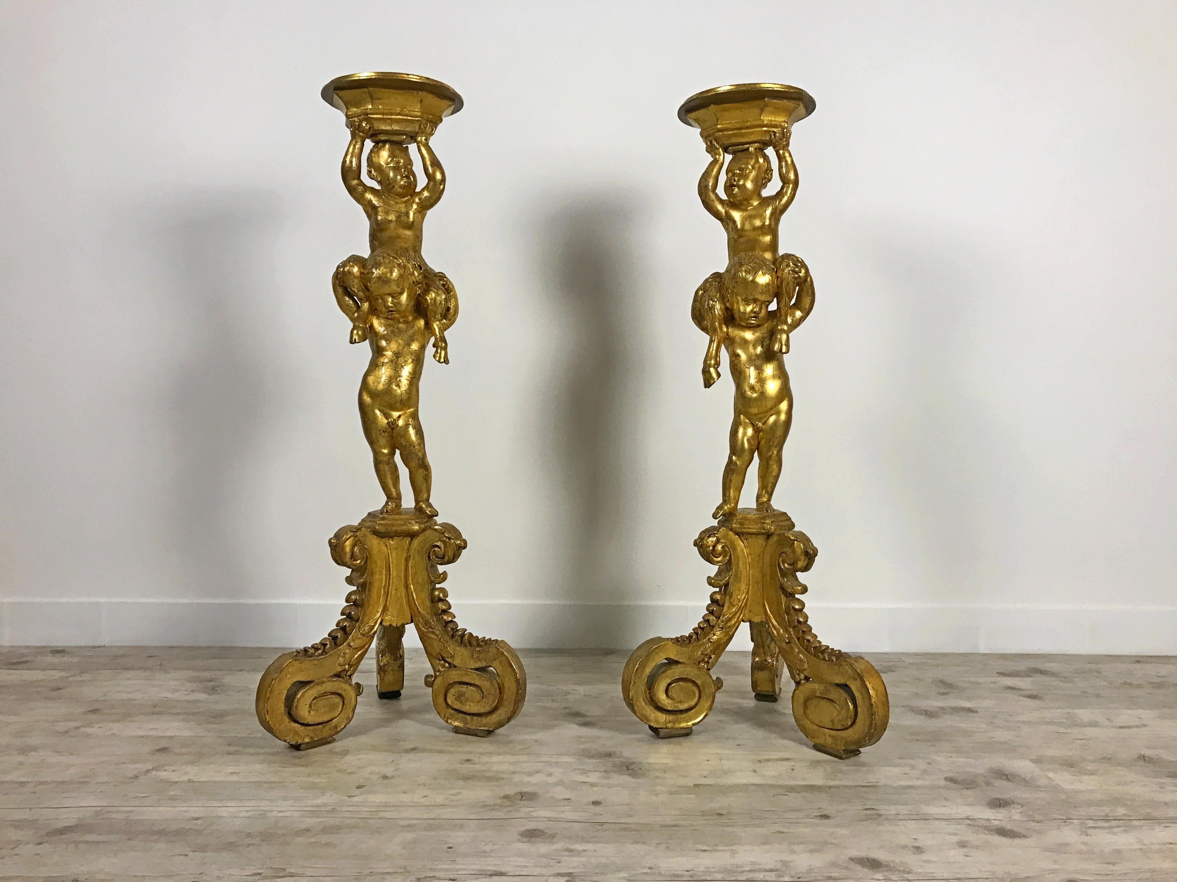 Louis XIV Pair of 18th Century Carved and Gilded Wood Guéridons