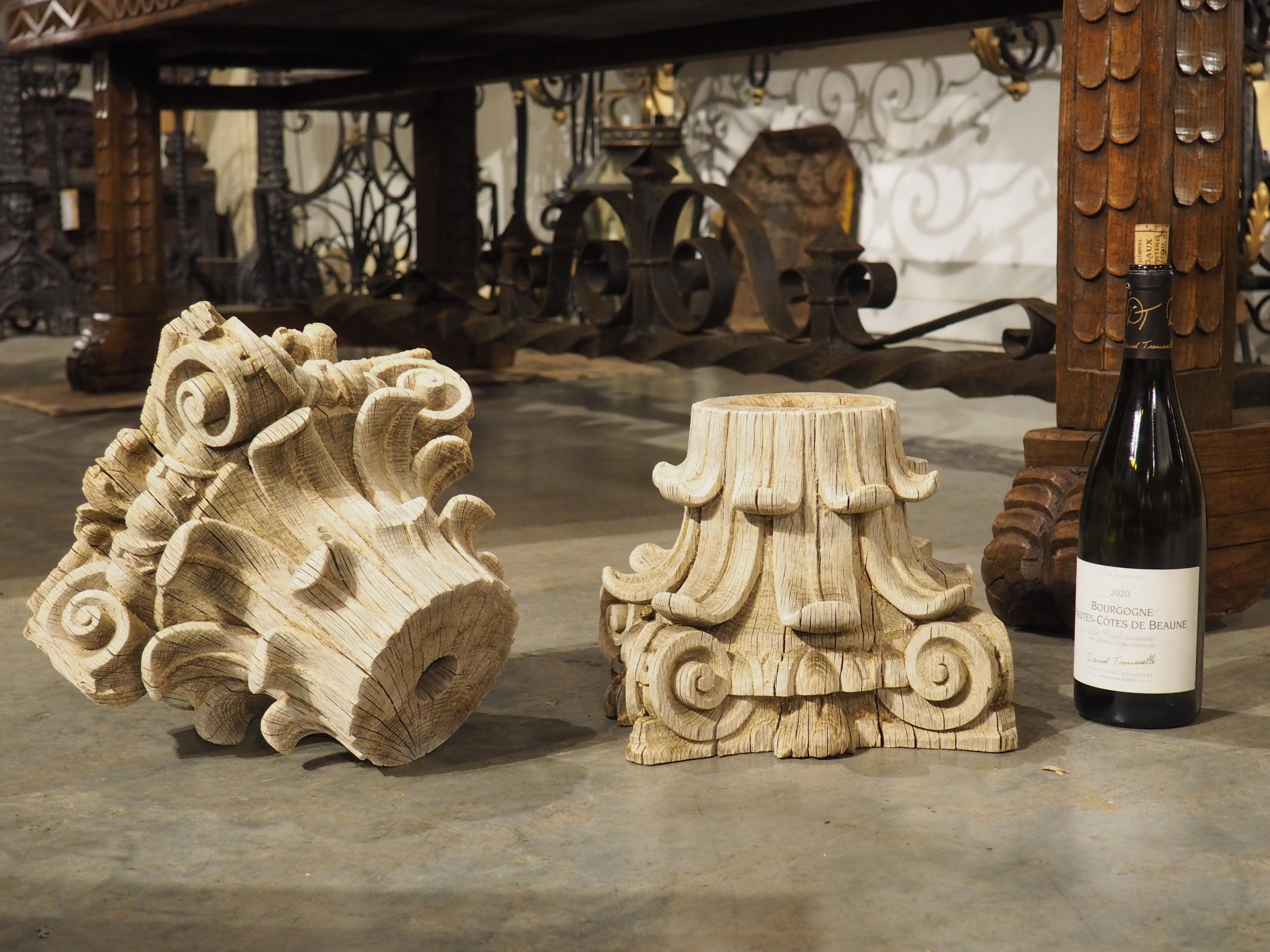 Pair of 18th Century Carved and Weathered Oak Capitals from France 3