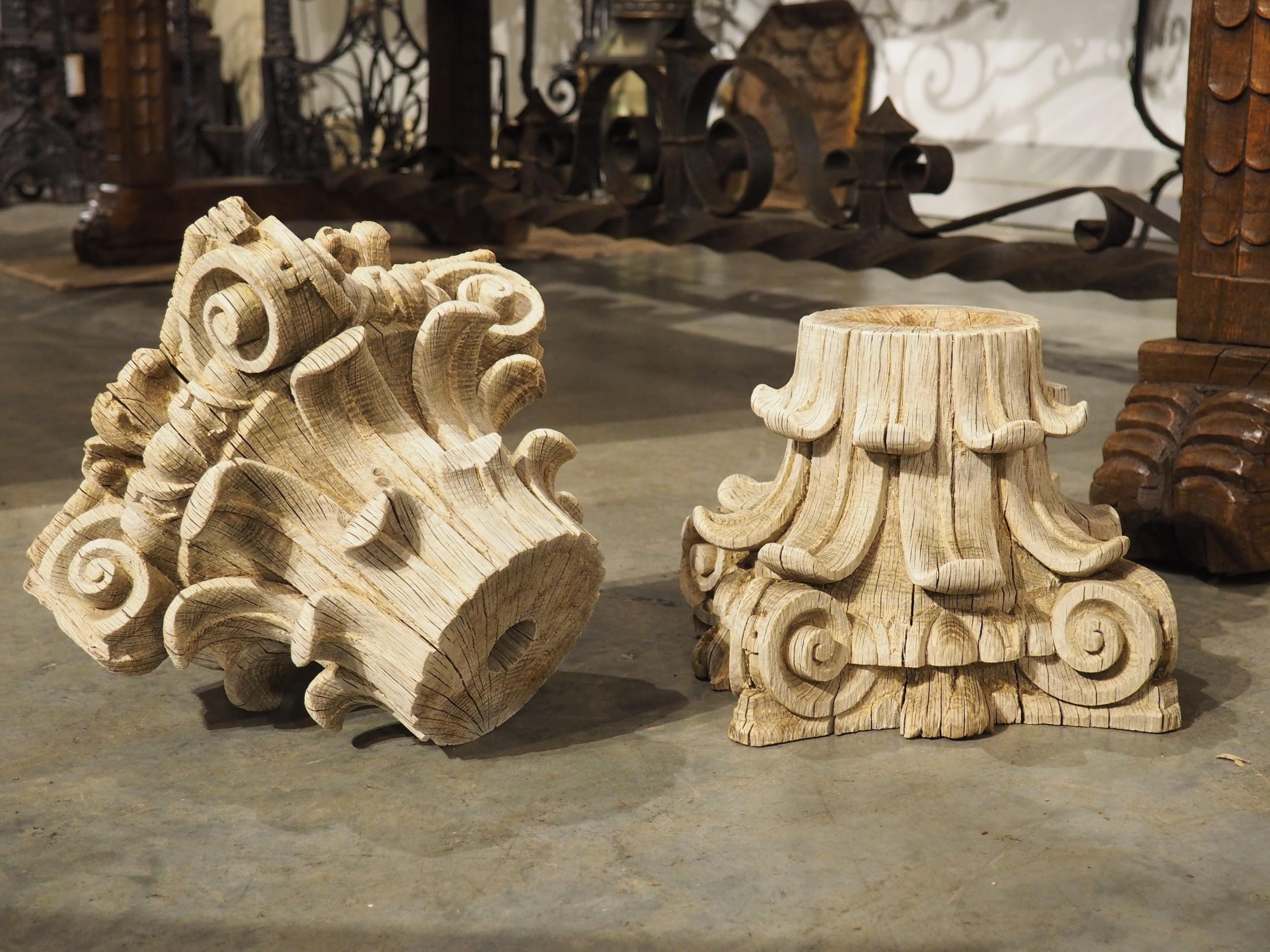 Pair of 18th Century Carved and Weathered Oak Capitals from France 5