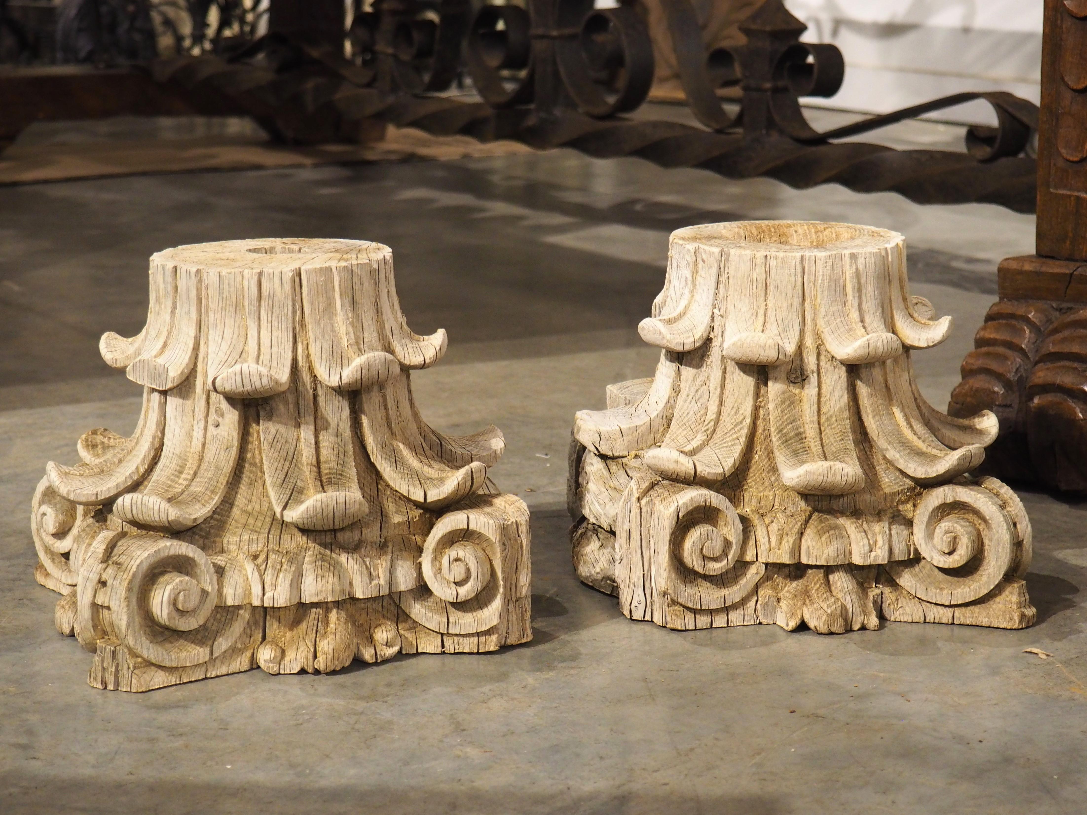 More information coming soon…

Wonderfully hand-carved in France during the 1700s, these oak capitals have a weathered appearance that enhance their appeal.  The Composite Order capitals have traces of both Corinthian and Ionic Orders, with volutes
