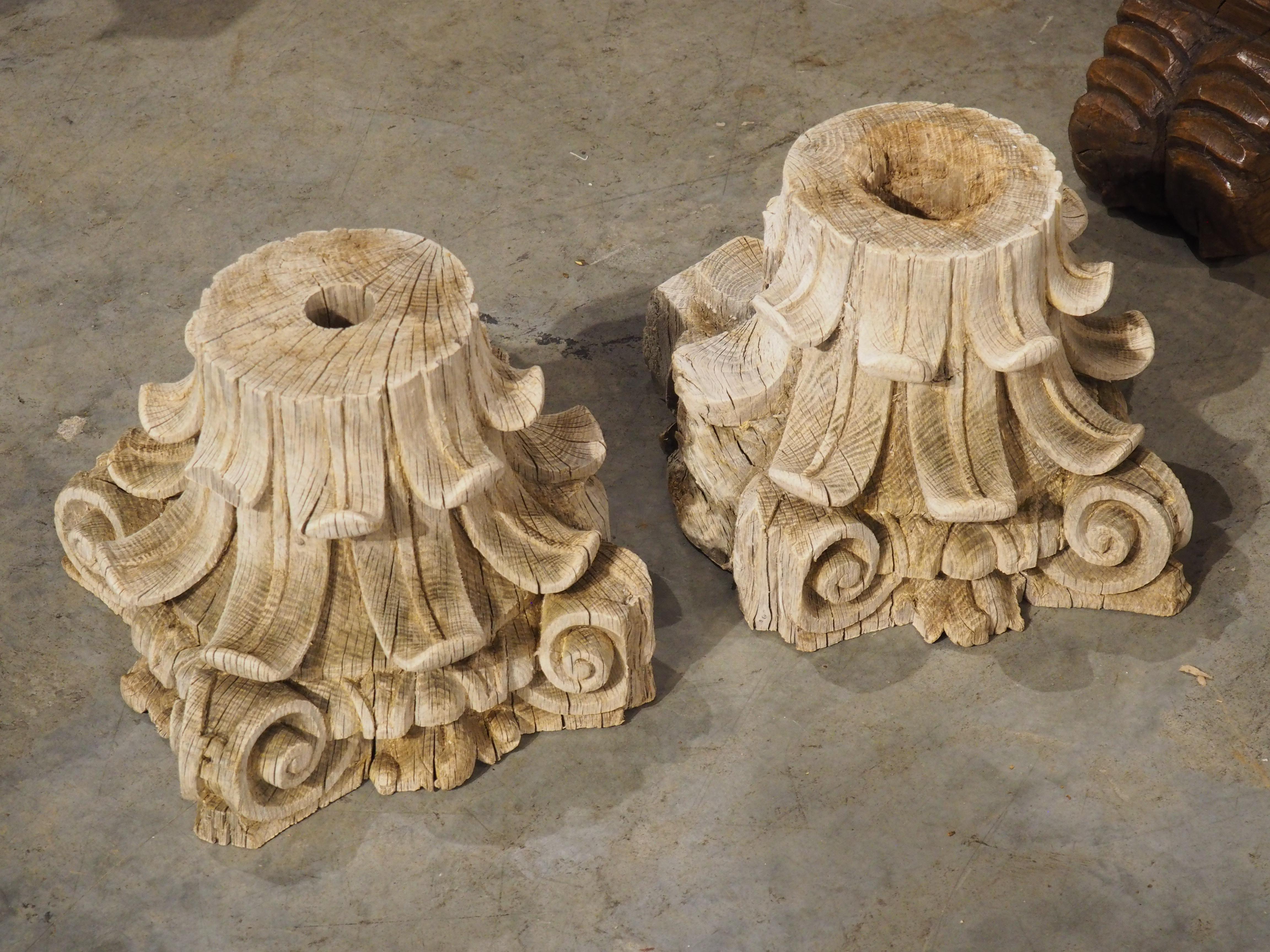 Neoclassical Pair of 18th Century Carved and Weathered Oak Capitals from France