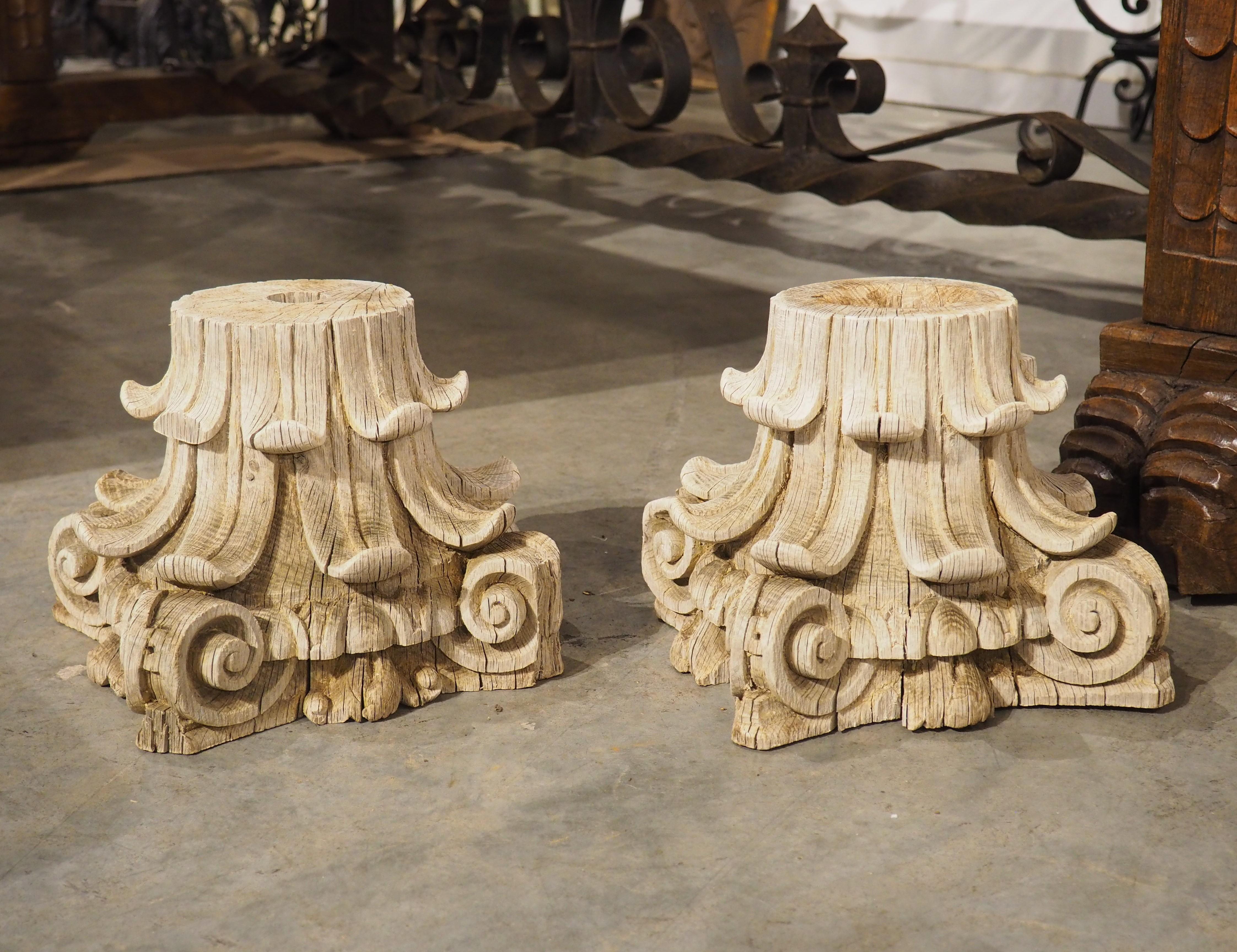 French Pair of 18th Century Carved and Weathered Oak Capitals from France