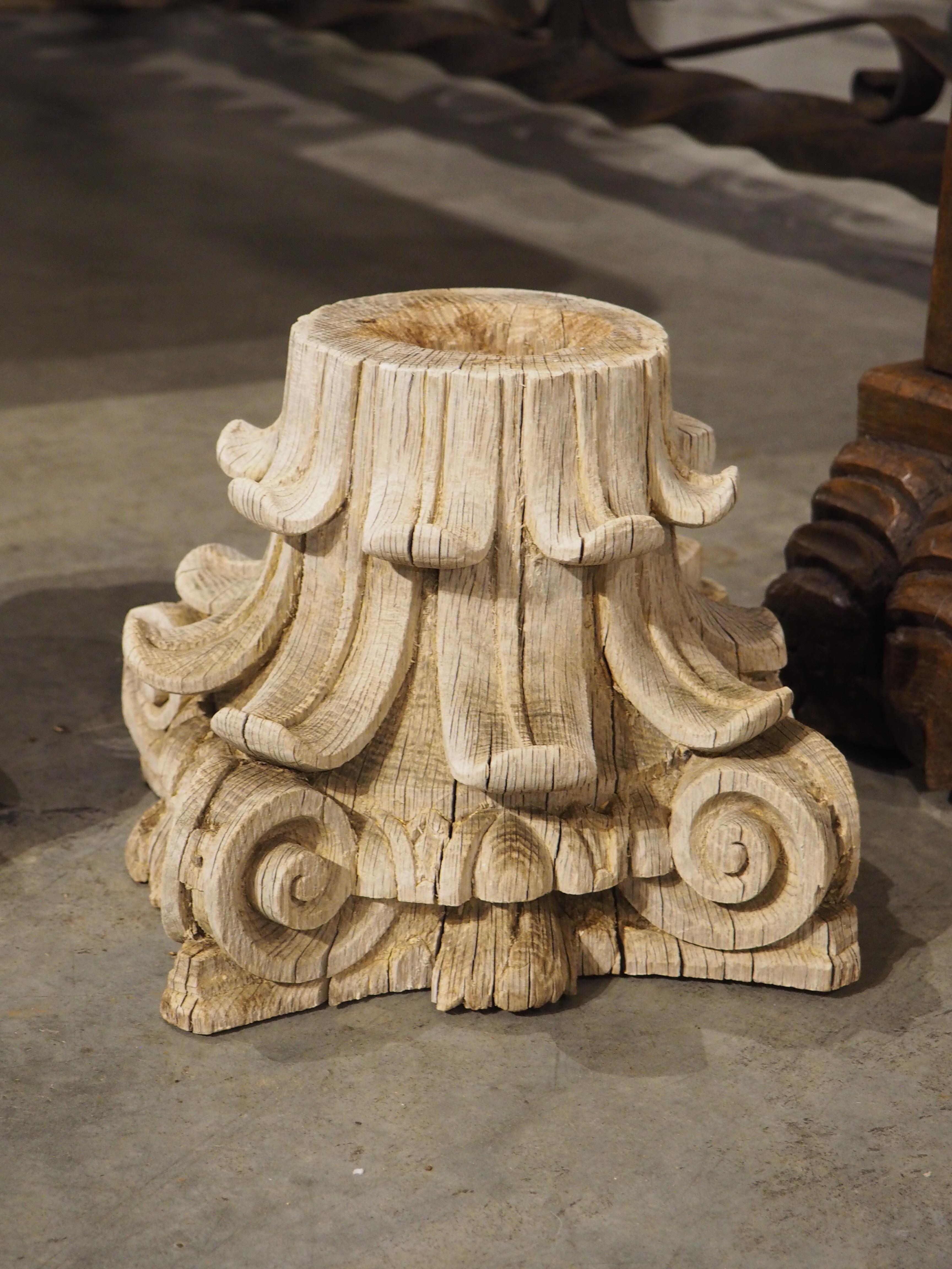 Bleached Pair of 18th Century Carved and Weathered Oak Capitals from France