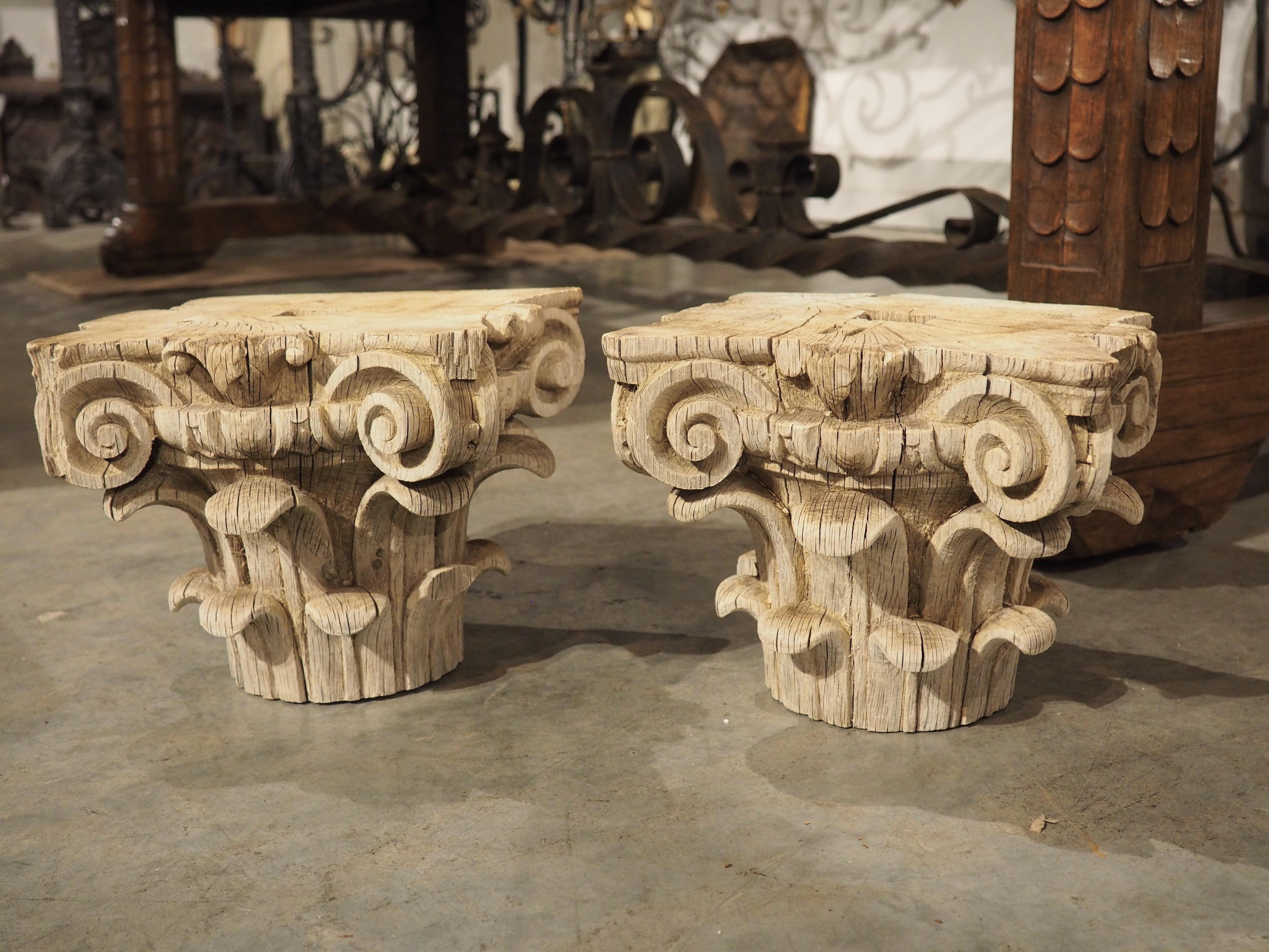 Wood Pair of 18th Century Carved and Weathered Oak Capitals from France