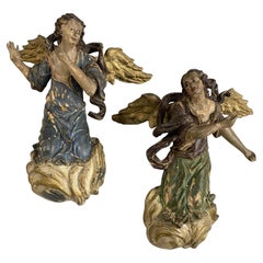 Pair of 18th Century Carved Angels in Polychrome, Probably French