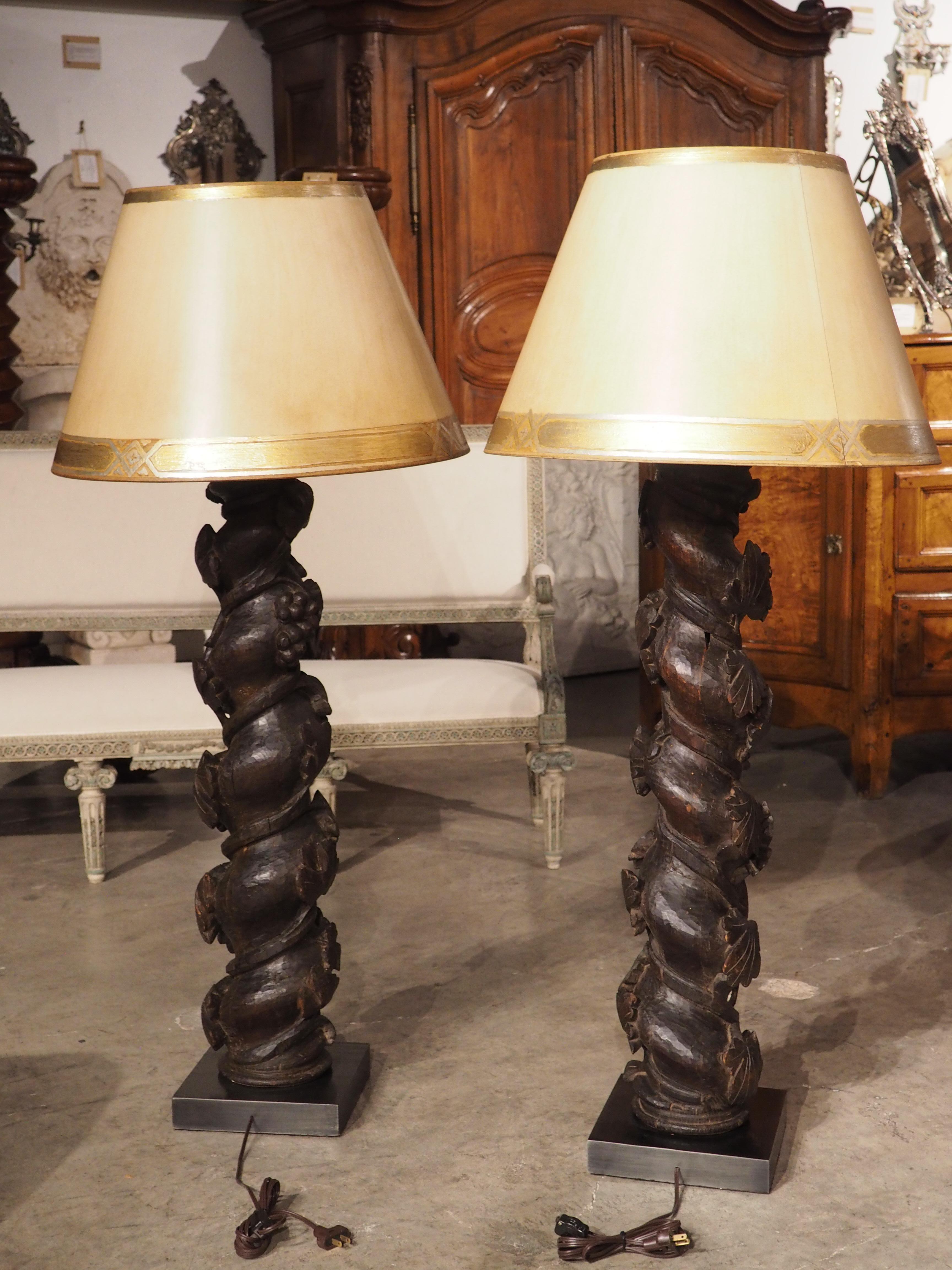 Pair of 18th Century Carved Chestnut Solomonic Column Lamps from Portugal For Sale 5