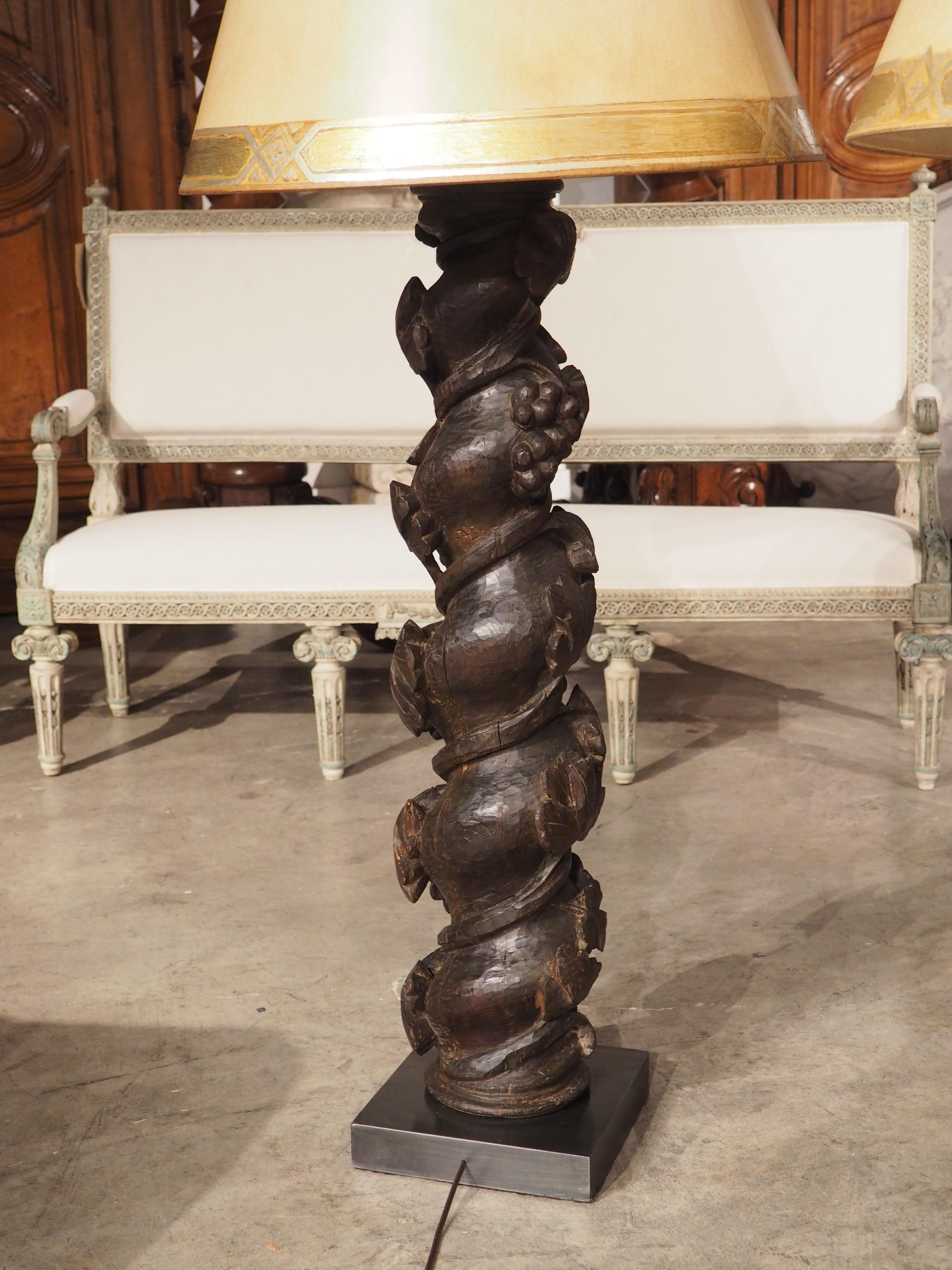 Pair of 18th Century Carved Chestnut Solomonic Column Lamps from Portugal For Sale 6