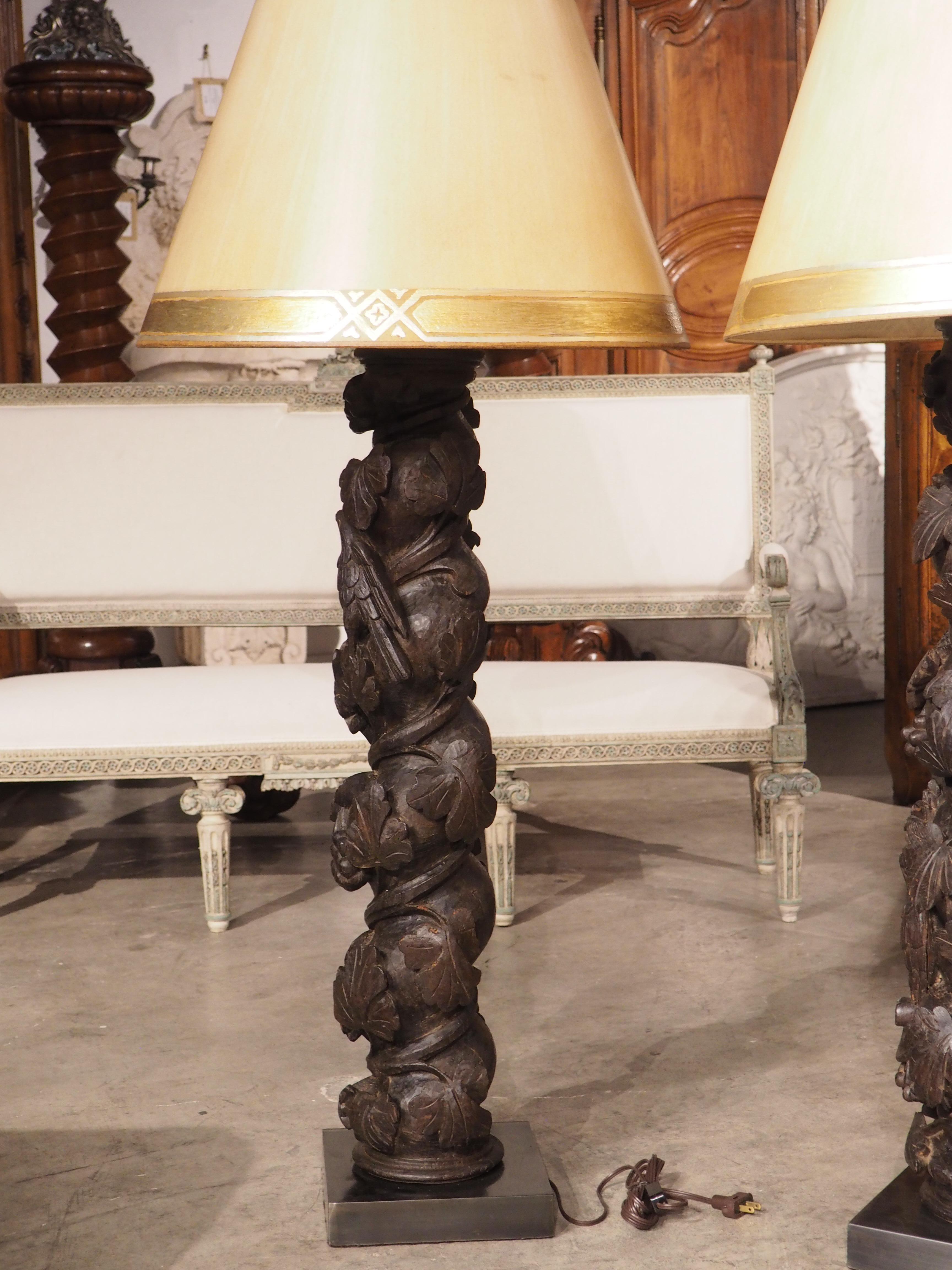 Pair of 18th Century Carved Chestnut Solomonic Column Lamps from Portugal For Sale 7