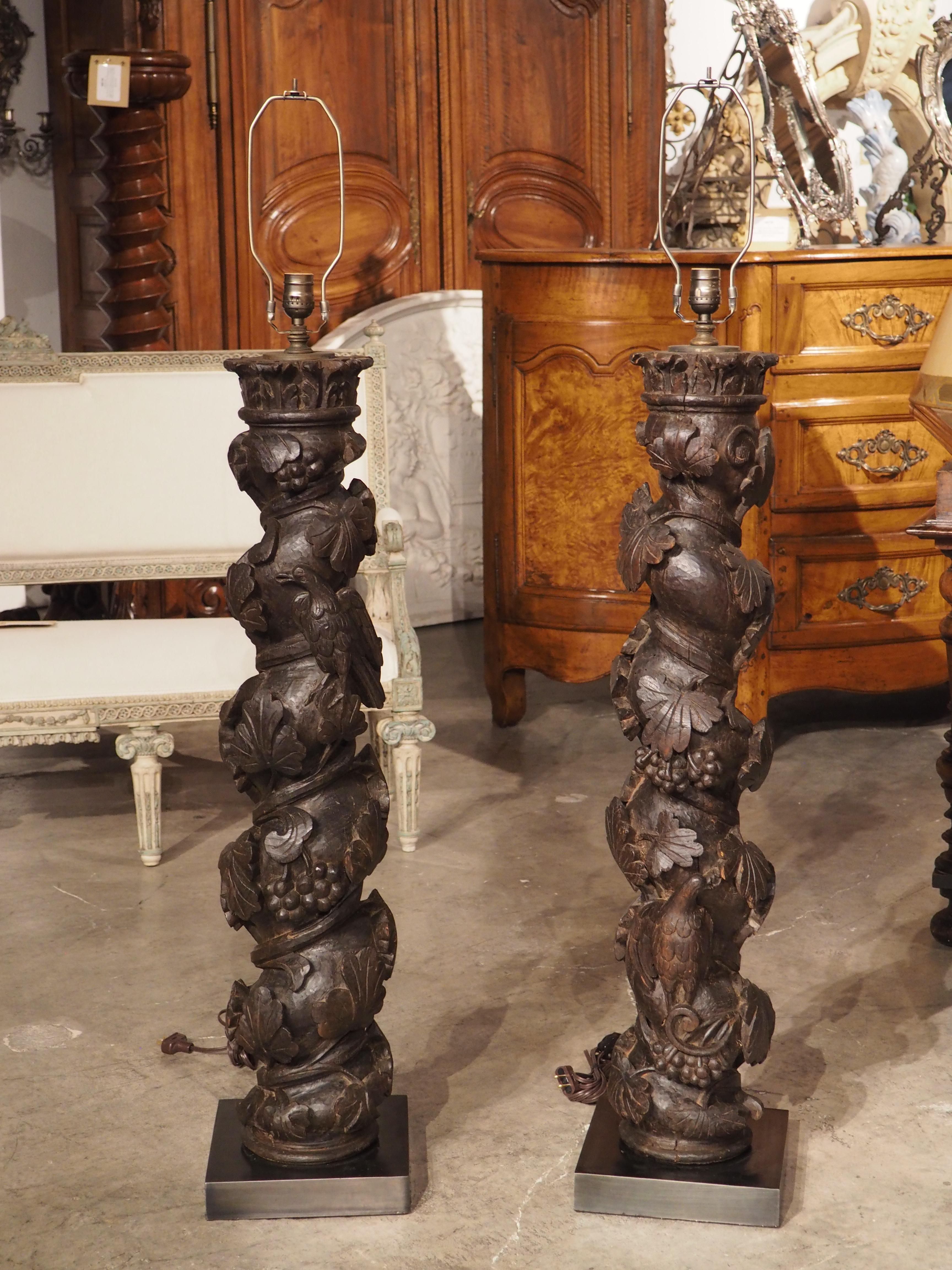 Pair of 18th Century Carved Chestnut Solomonic Column Lamps from Portugal For Sale 9