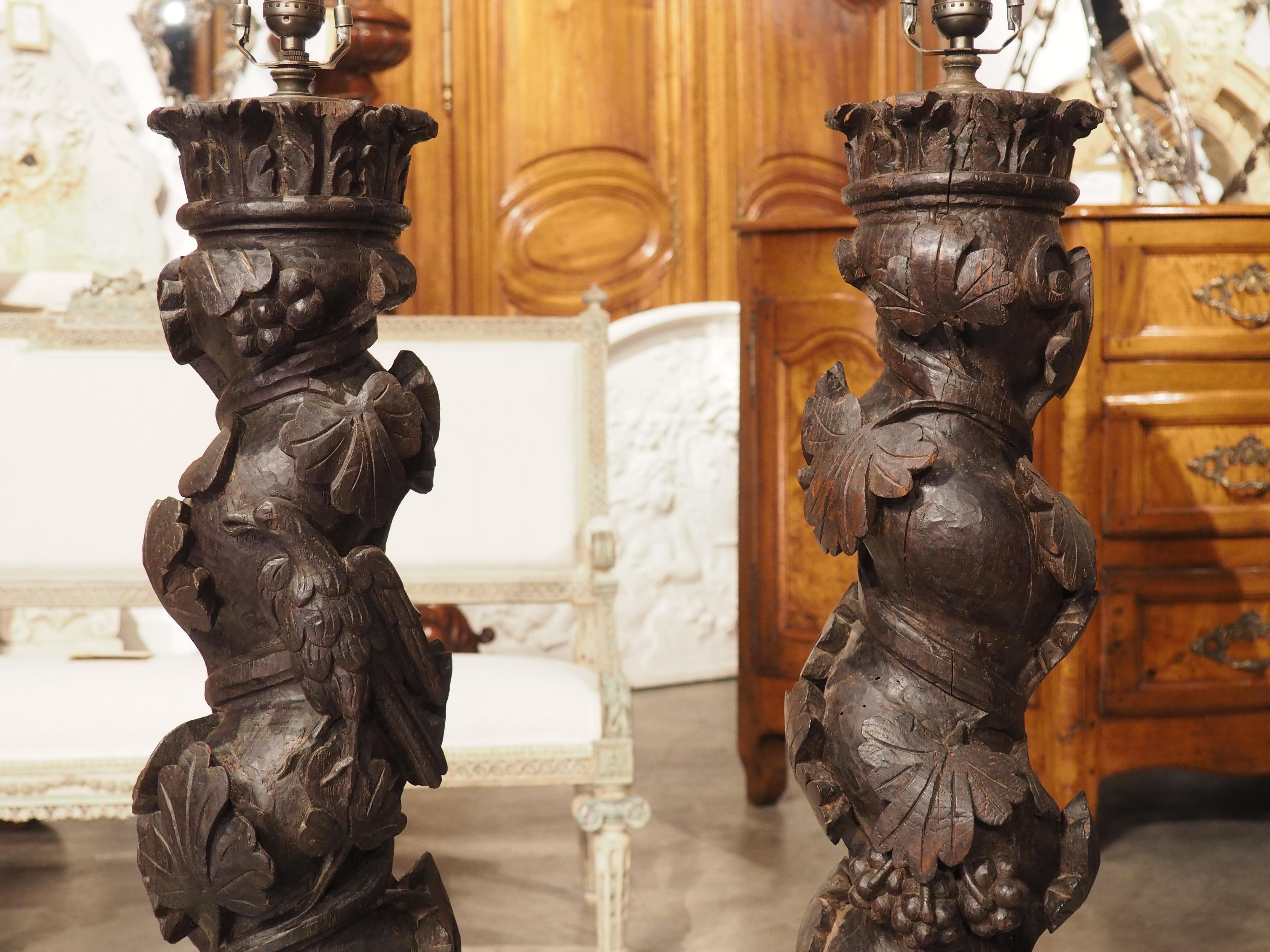 Pair of 18th Century Carved Chestnut Solomonic Column Lamps from Portugal For Sale 12