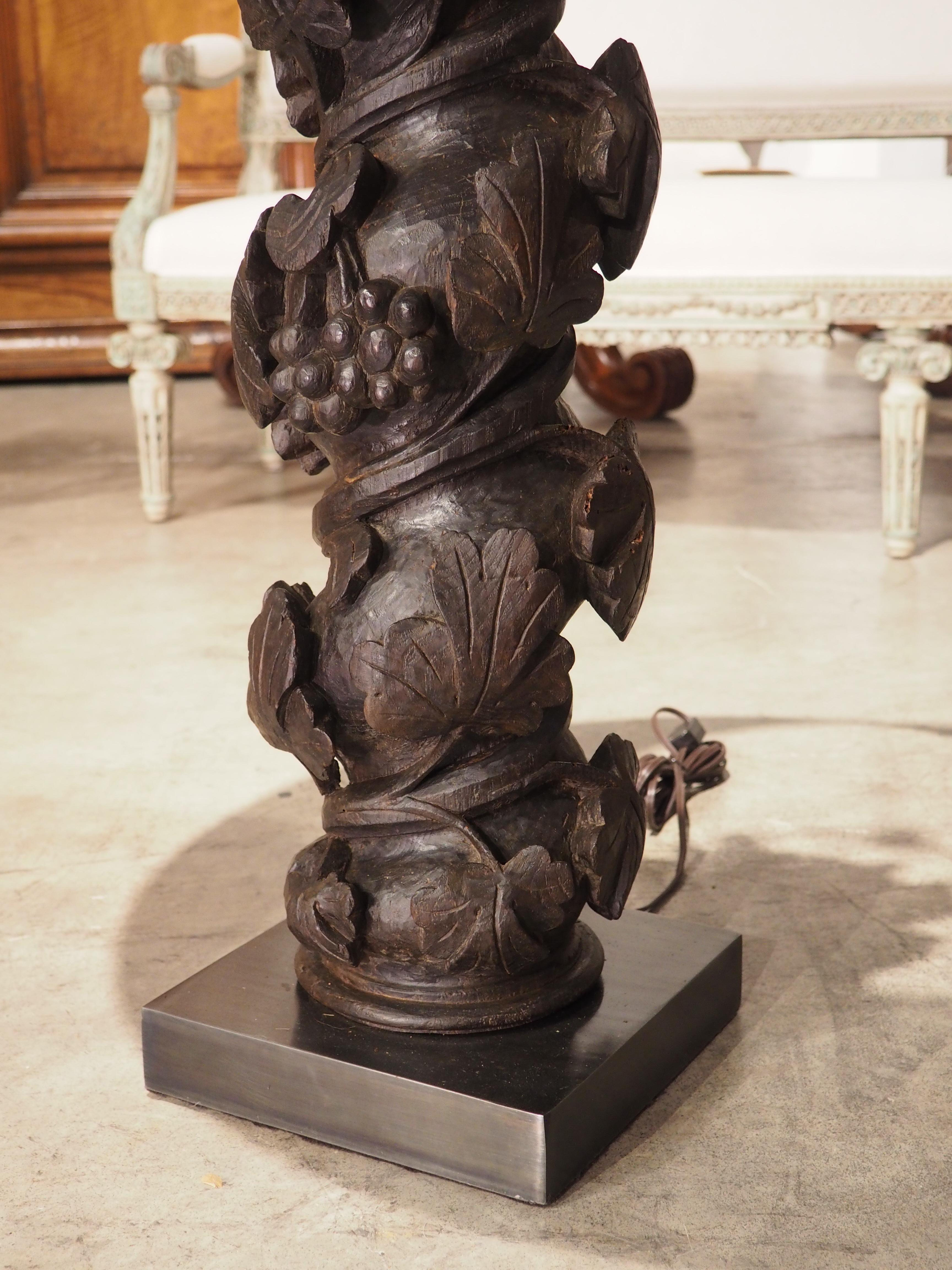 Textile Pair of 18th Century Carved Chestnut Solomonic Column Lamps from Portugal For Sale
