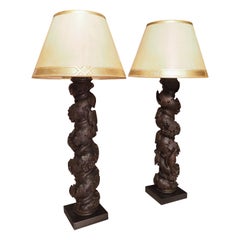 Antique Pair of 18th Century Carved Chestnut Solomonic Column Lamps from Portugal