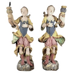 Pair of 18th Century Carved Giltwood and Polychrome Angel Statues