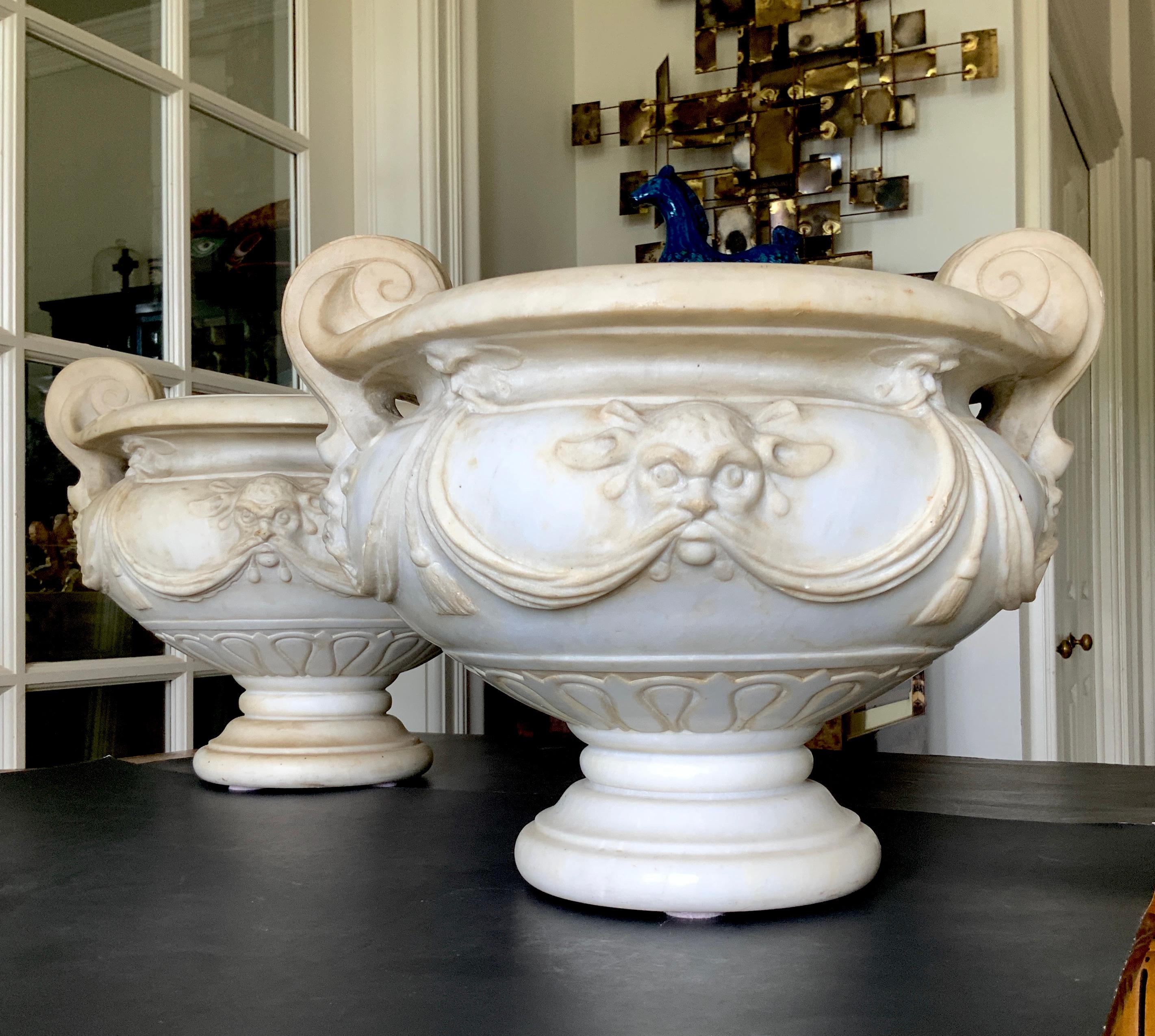 Pair of 18th Century Carved White Marble Garden Urns, Italy 11