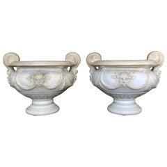 Pair of 18th Century Carved White Marble Garden Urns, Italy